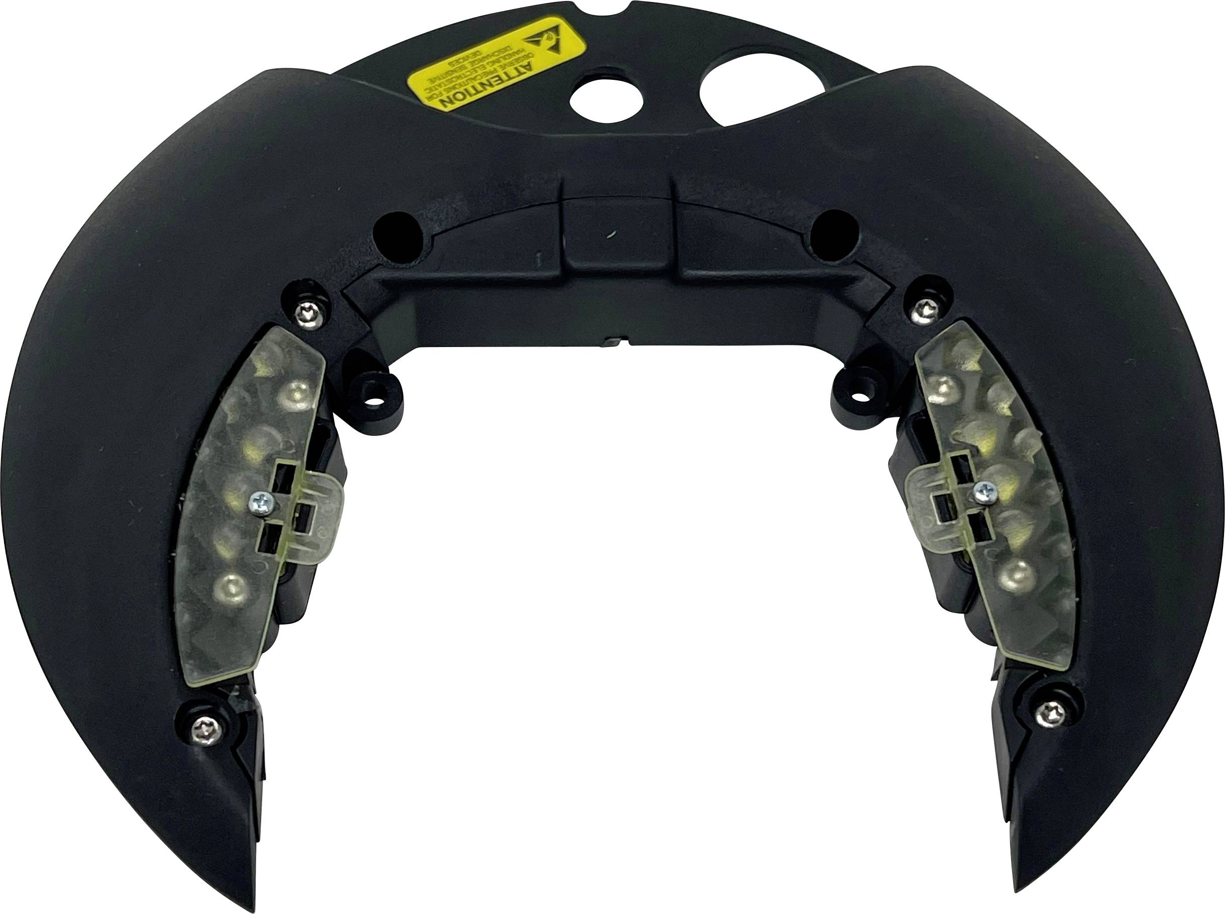 Schwarze U-förmige mechanische Vorrichtung mit verspiegelten transluzenten Seitenmodulen, wahrscheinlich ein Helm oder eine kopfgestützte Komponente, vor weißem Hintergrund dargestellt.