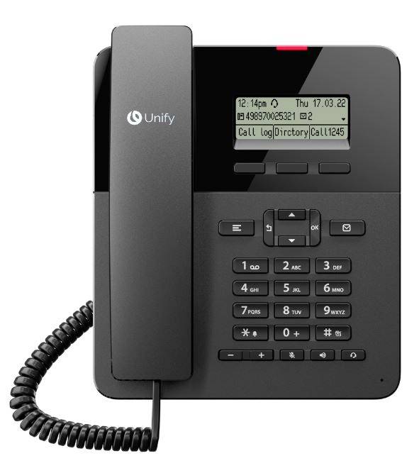 Schwarzes Unify-Bürotischtelefon mit Hörer, Tastatur, kleinem Display mit Anrufprotokoll- und Verzeichnismenüs sowie Spiralkabel.