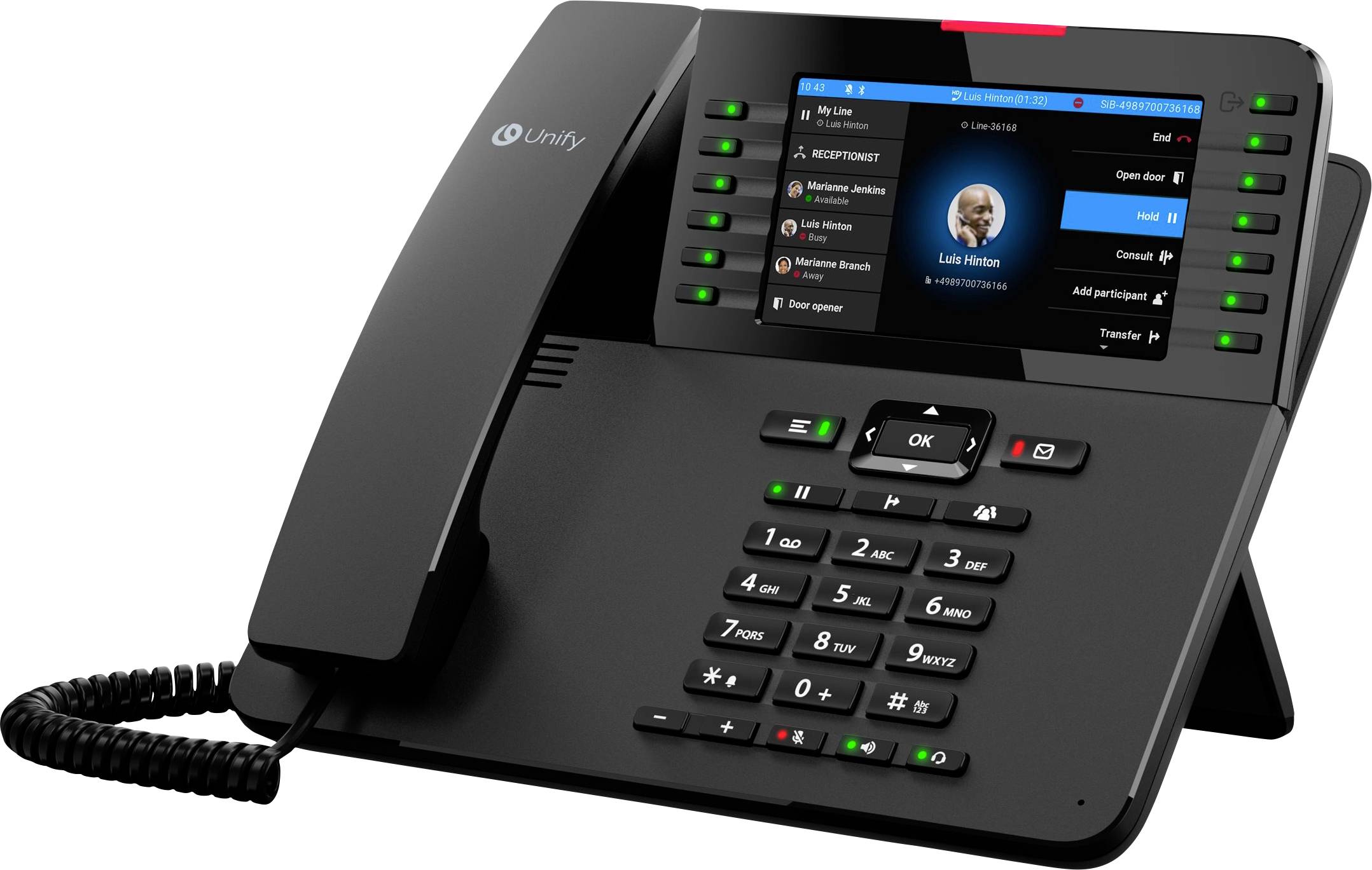 Schwarzes Bürotischtelefon mit Hörer, farbigem Touchscreen mit Kontakten und Anruffunktionen sowie beleuchteten Tasten neben dem Display.