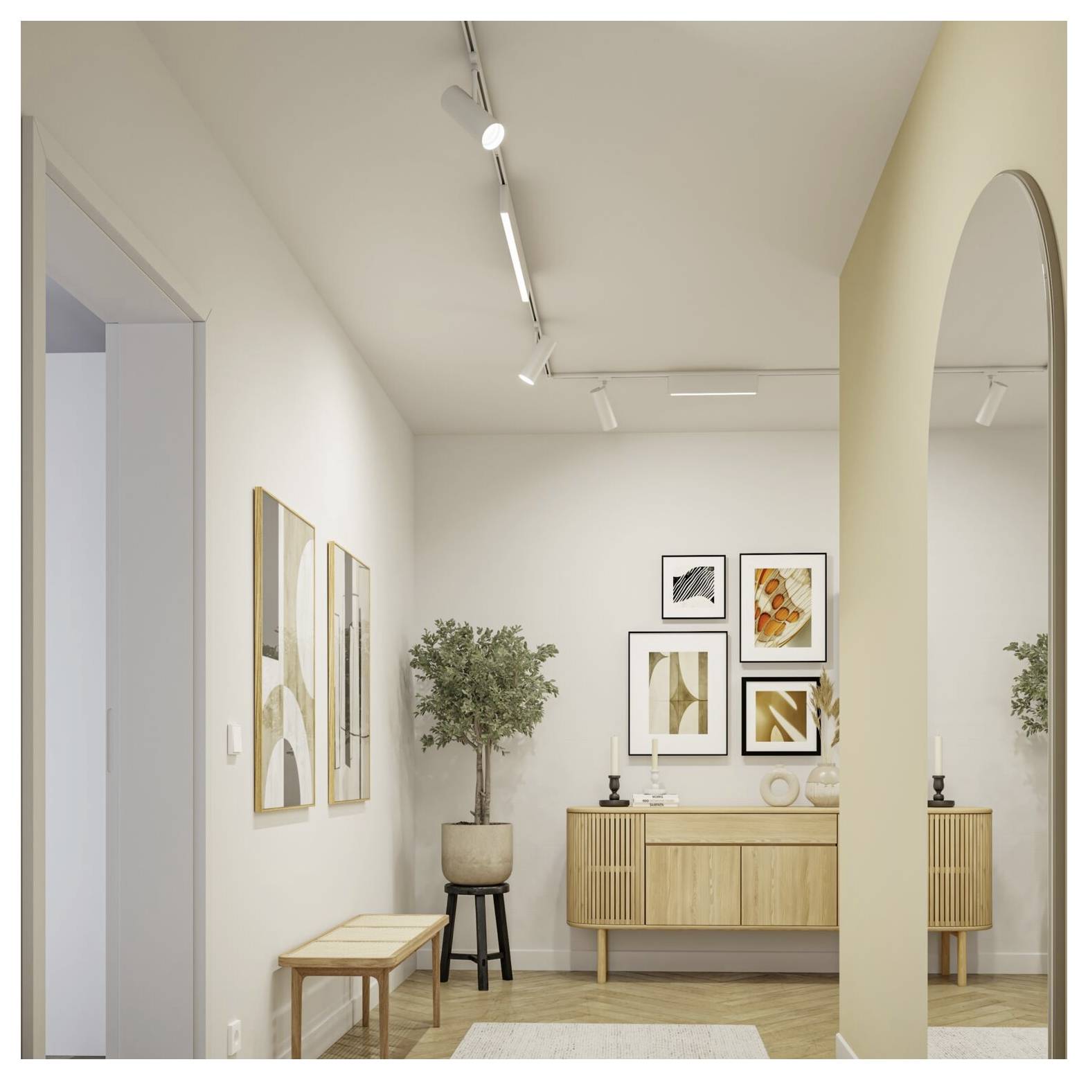 Minimalistischer Flur mit Holzkommode, gerahmter abstrakter Kunst, Topfpflanze, Bank und großem Spiegelbogen unter Schienenbeleuchtung.