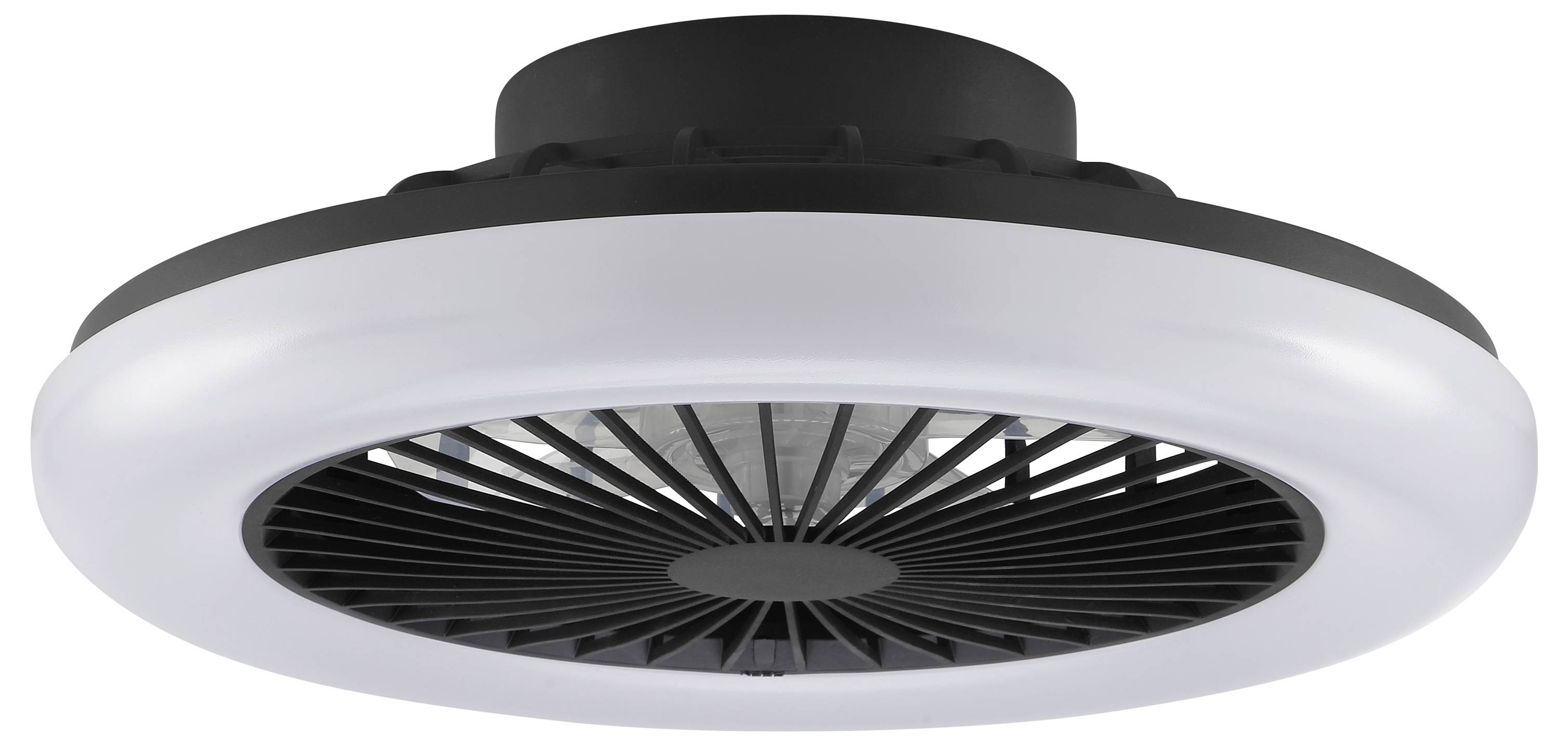 Runder schwarzweißer Deckenventilator mit einem kreisförmigen Lichtring und zentraler Lüftungsöffnung, vor weißem Hintergrund gezeigt.