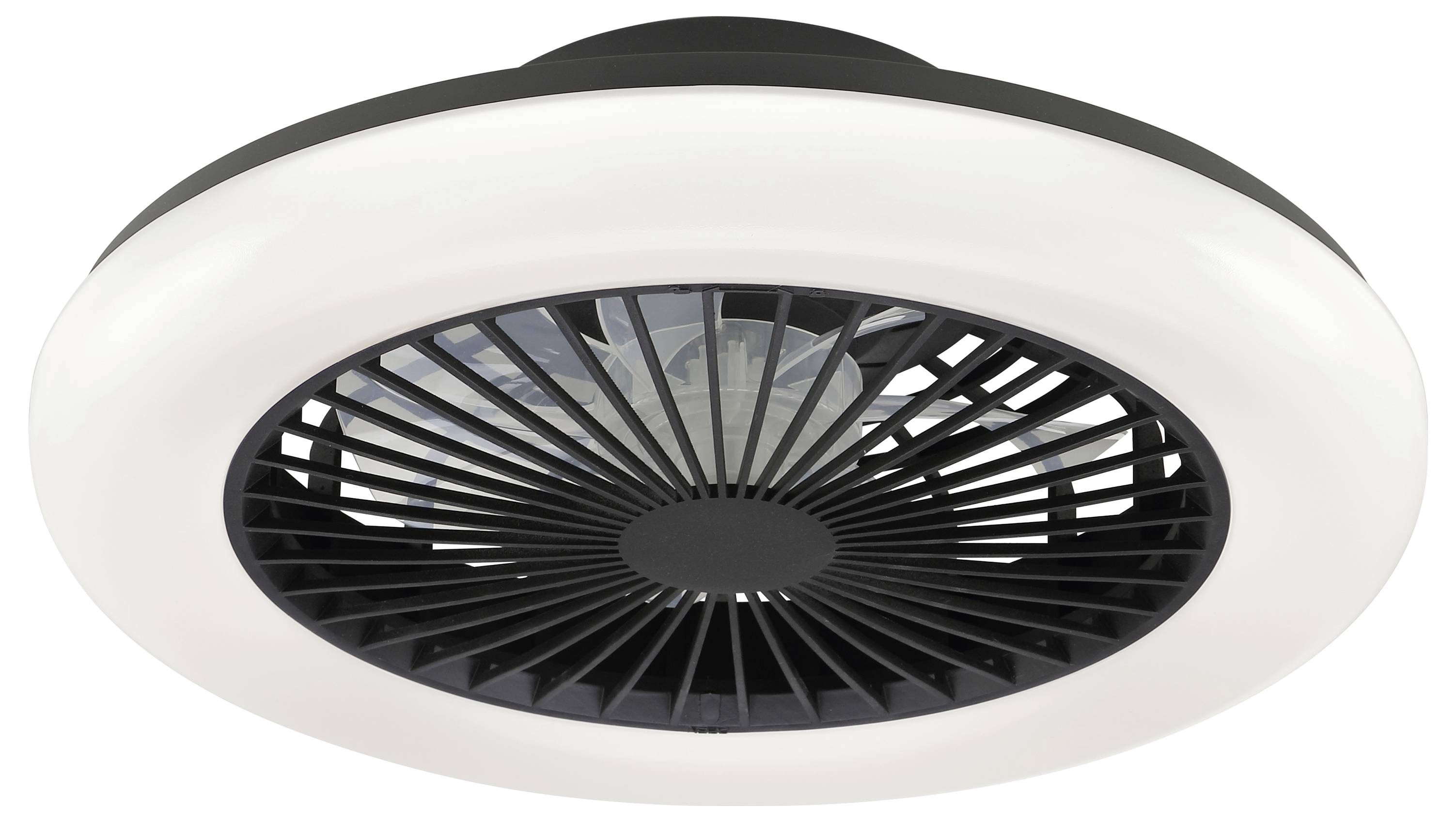 Kreisförmiger Deckenluftauslass oder Ventilator mit weißem Außenring und schwarzem Radialgitter, von unten betrachtet.