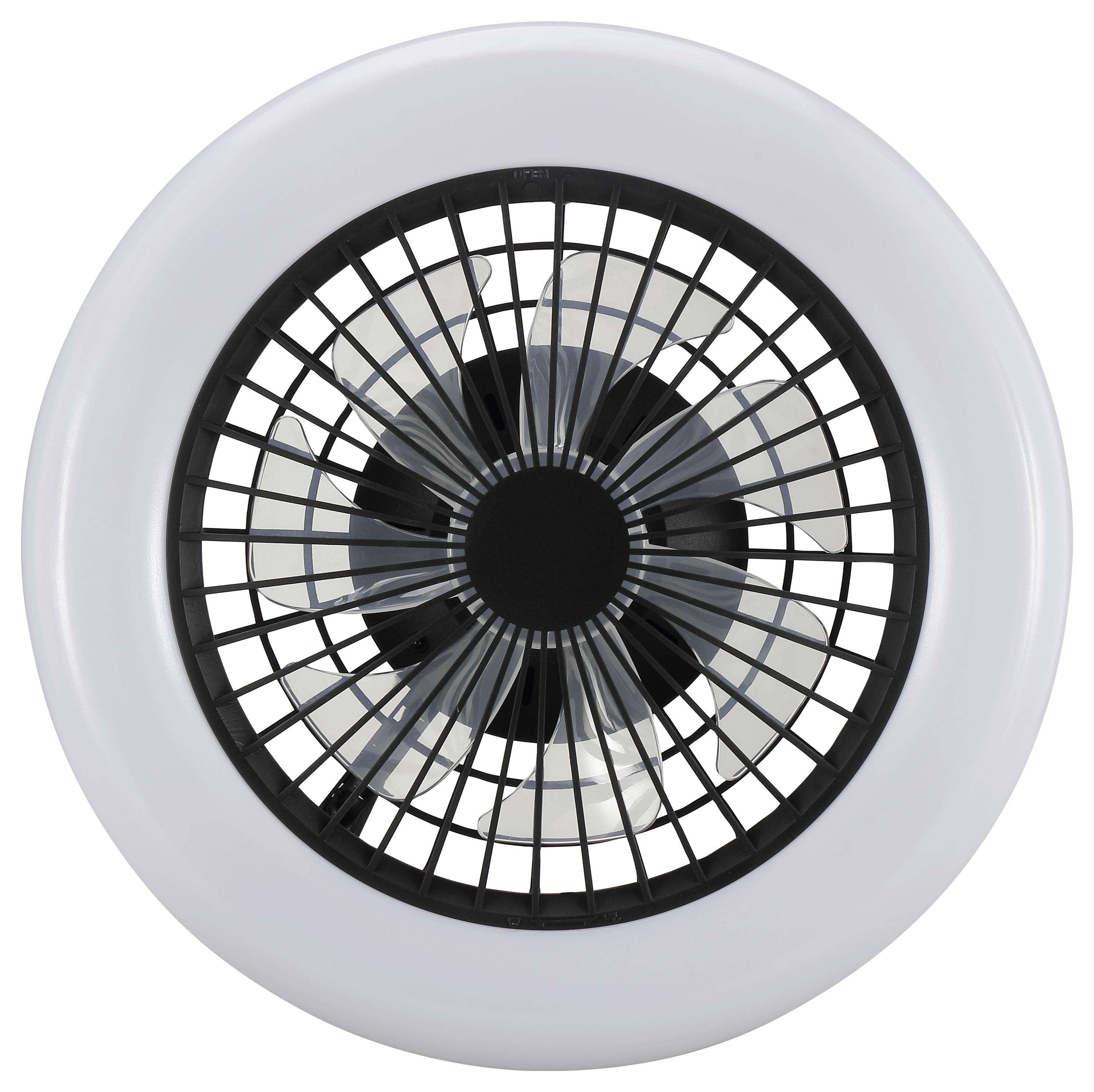 Draufsicht eines runden schwarz-weißen Ventilators oder Luftauslasses mit Schutzgitter und zentralem Nabe auf weißem Hintergrund.