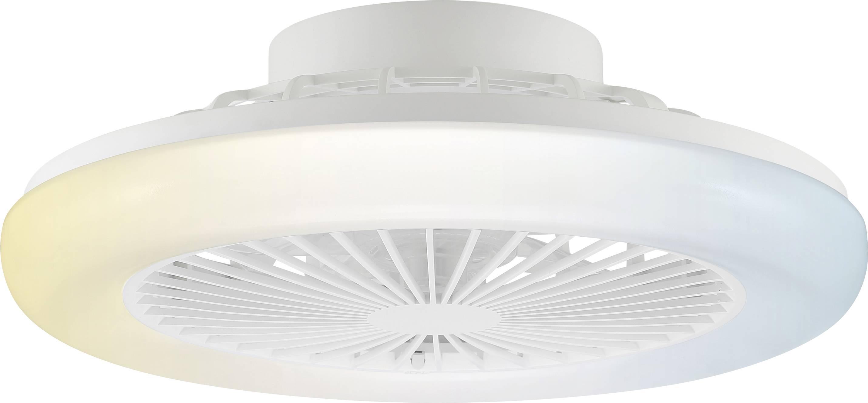 Runder weißer Deckenventilator mit integrierter LED-Leuchte und belüftetem Mittelteil, von unten auf einfachem Hintergrund gezeigt.