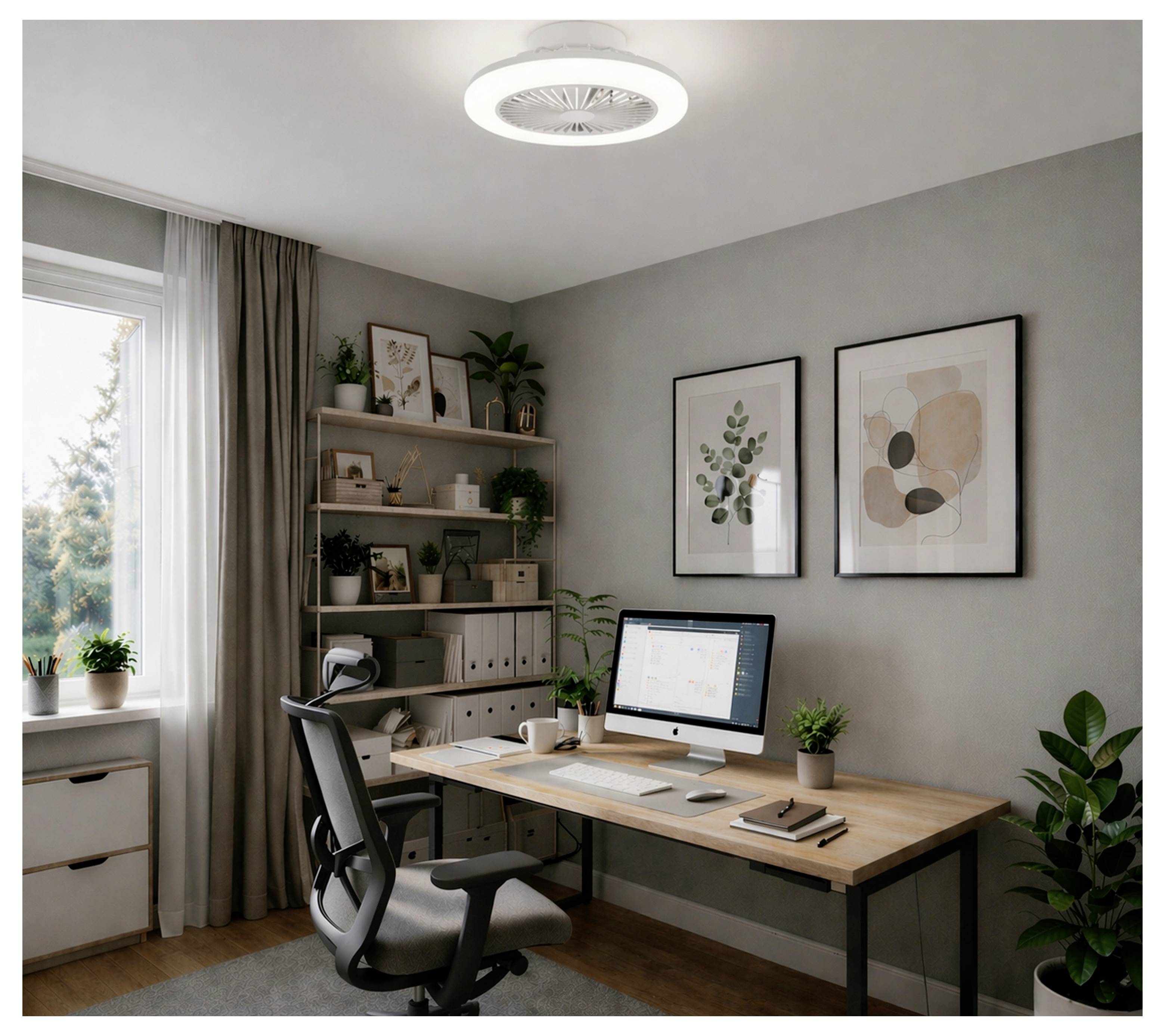 Ein ordentliches Homeoffice mit einem Schreibtisch, Computer, Bürostuhl, Regalen, Pflanzen und gerahmten Wandbildern neben einem Fenster.