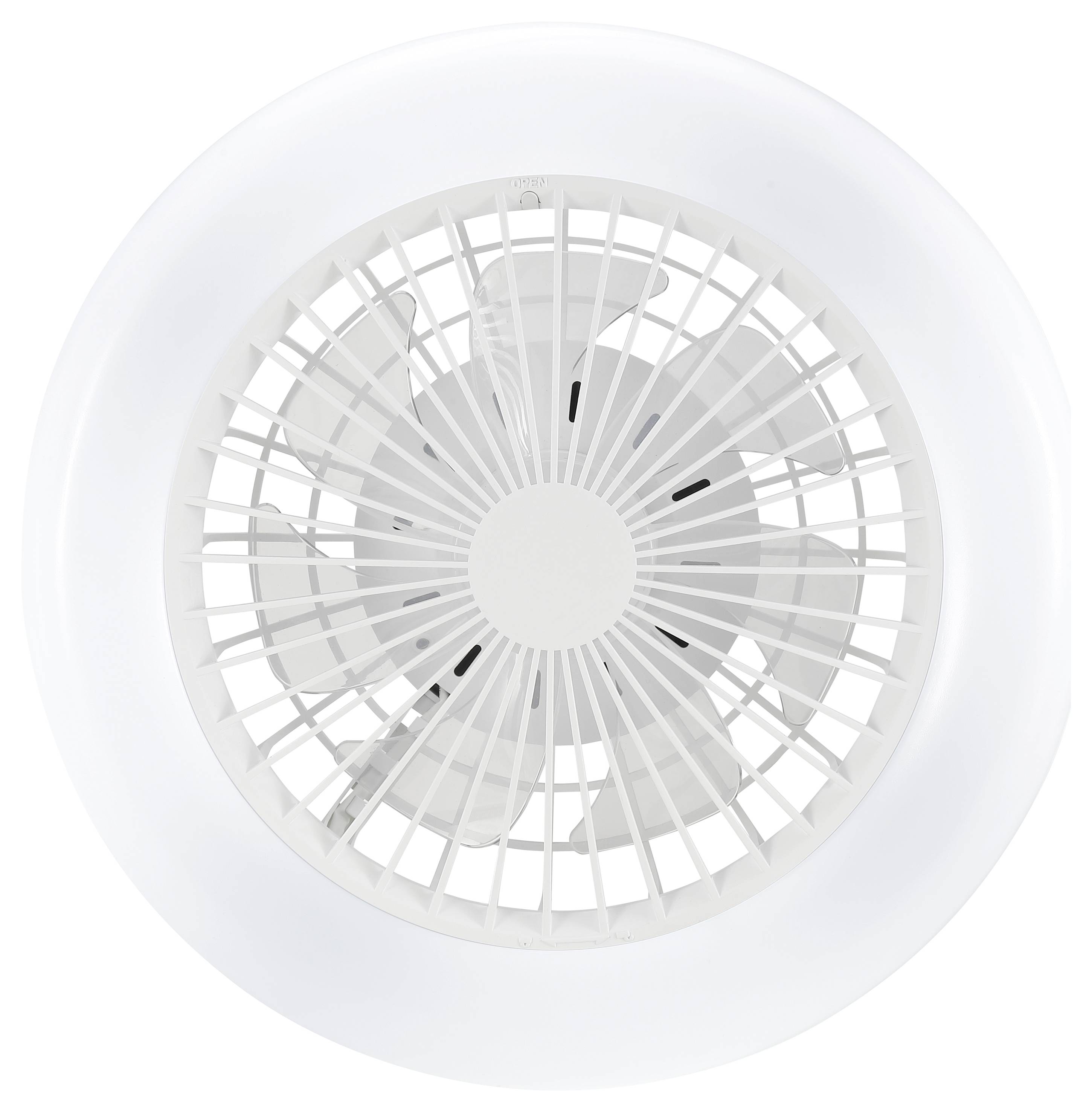 Weißer kreisförmiger Lüftungsventilator von oben gesehen, mit Gitter und Flügeln zentriert auf hellem Hintergrund.