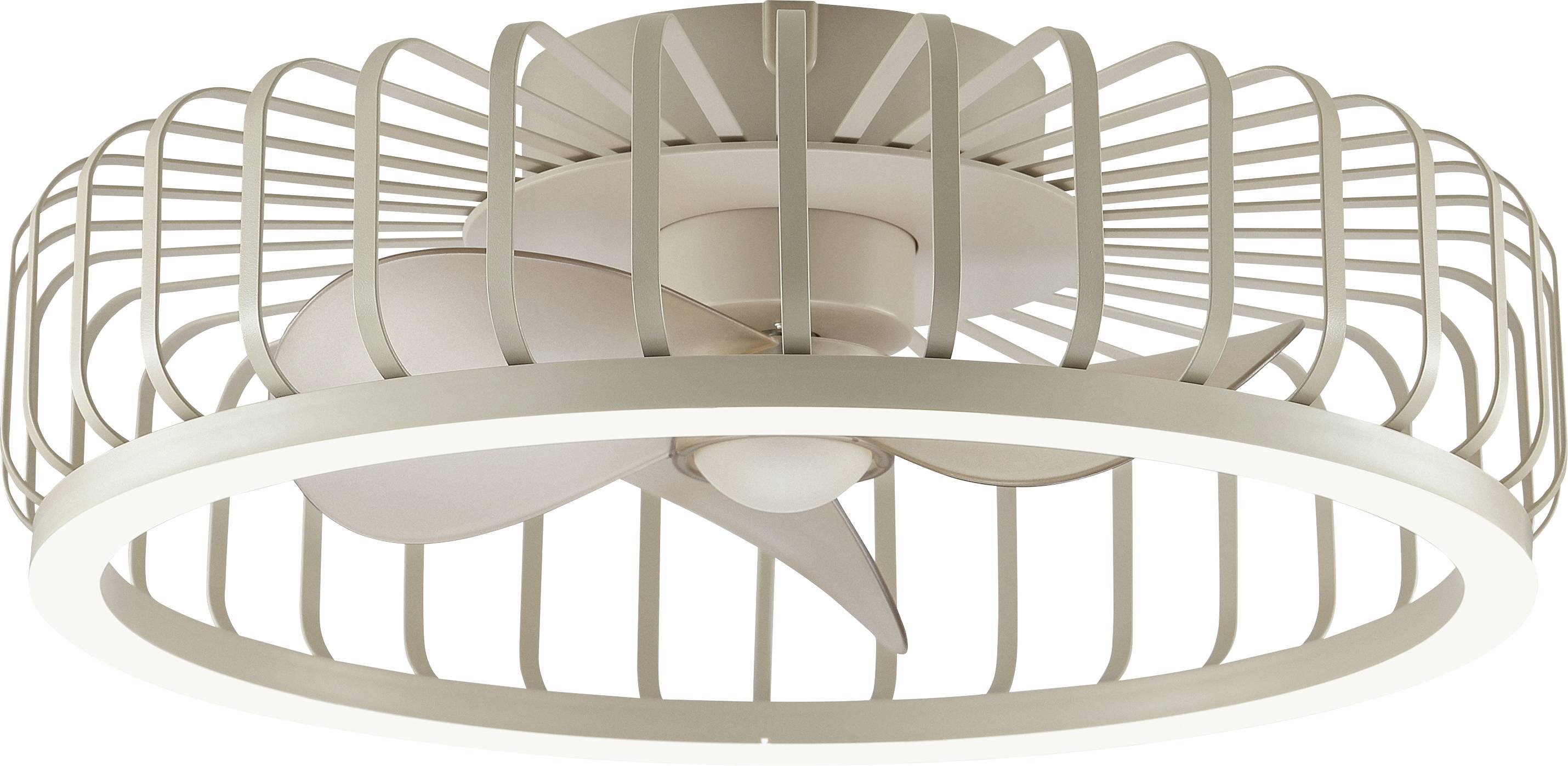 Moderner Deckenventilator mit integrierter Leuchte in einer kreisförmigen, käfigartigen beige Metallfassung von unten betrachtet.