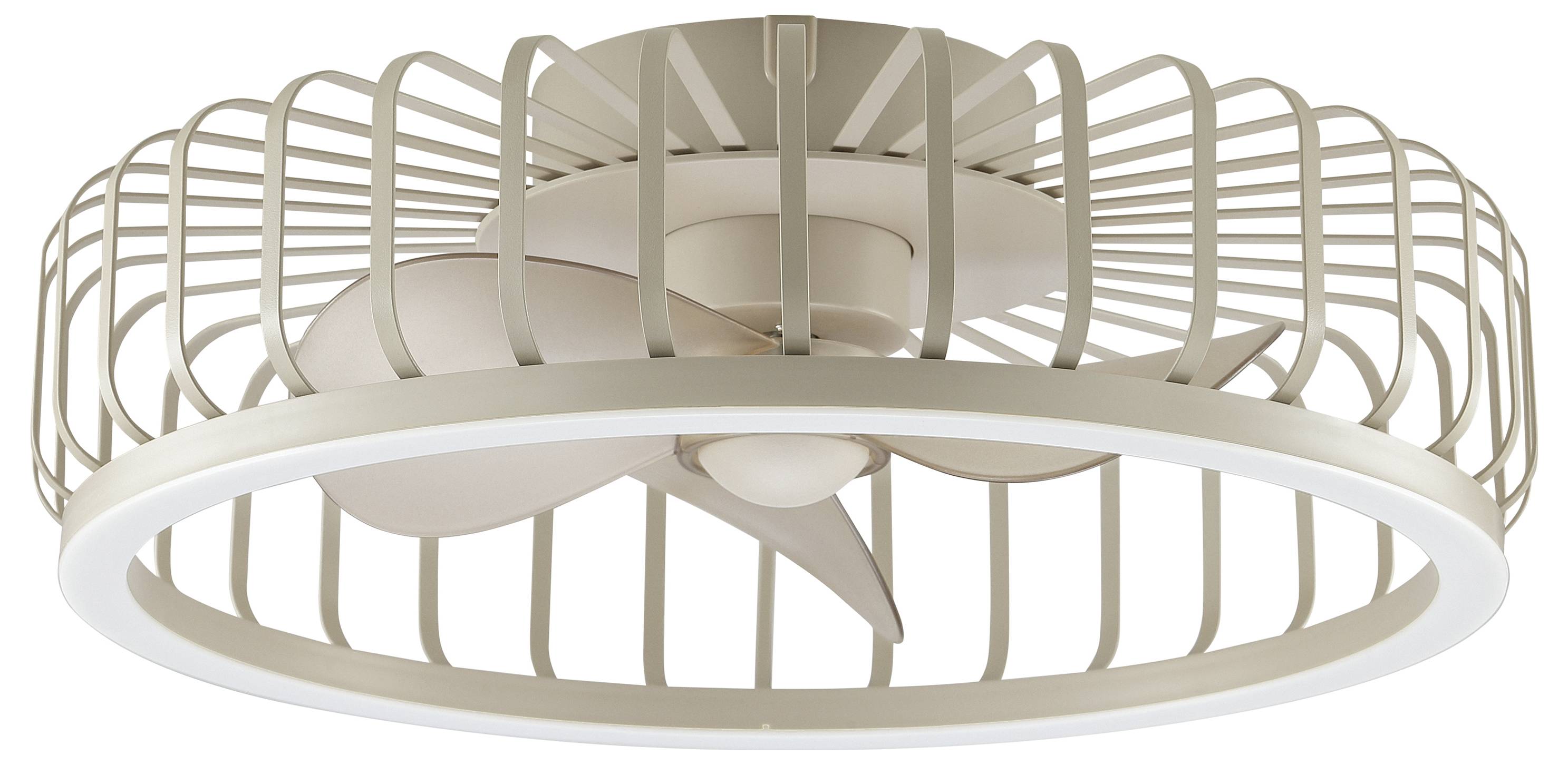 Moderner Deckenventilator mit einer kreisförmigen Leuchte und beigen Blättern in einem ringförmigen Schutzgitter auf weißem Hintergrund