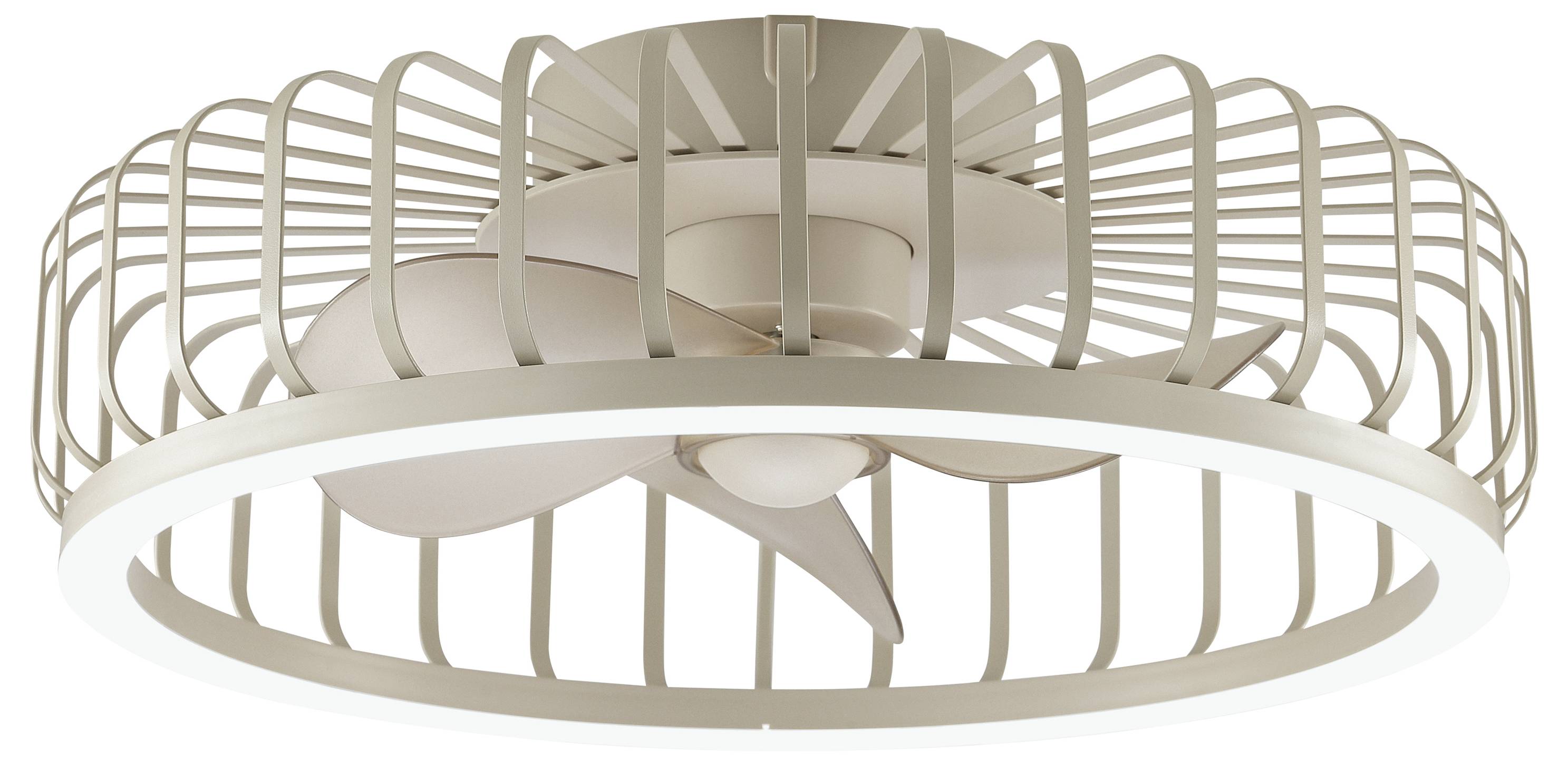 Ein moderner Deckenventilator mit beigen Blättern und einem kreisförmigen käfigartigen Rahmen, dargestellt in einer produktartigen Ansicht auf weißem Hintergrund.