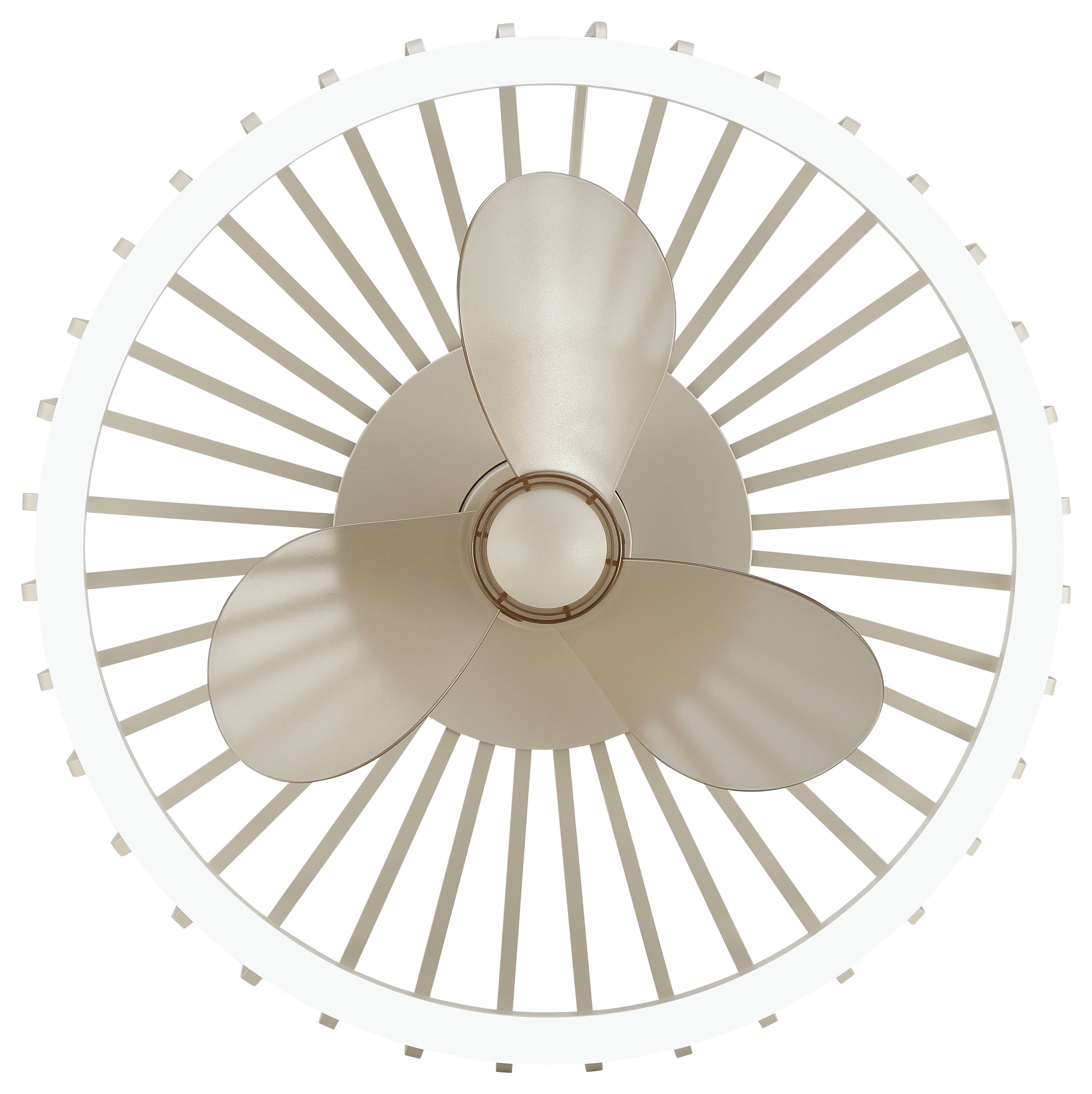Draufsicht eines beigen Deckenventilators mit drei Blättern in einem kreisförmigen Gitter auf weißem Hintergrund.