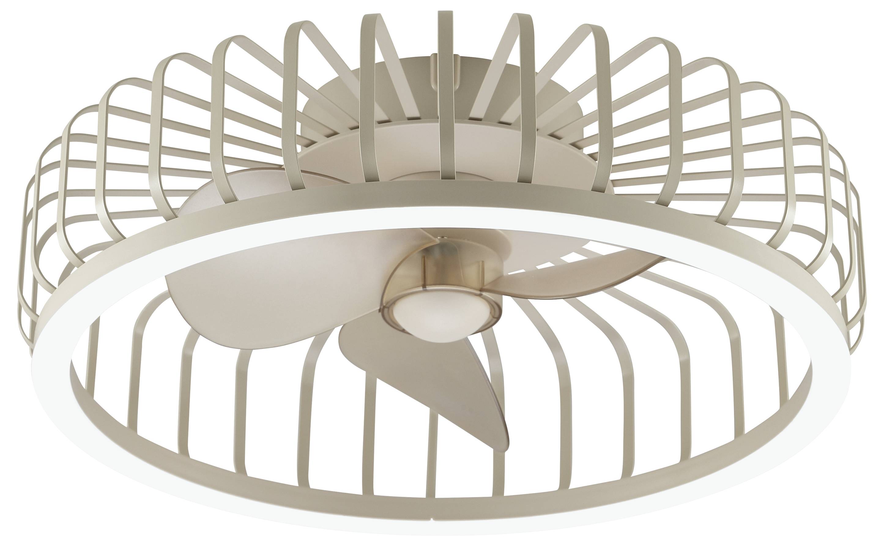 Moderner Deckenventilator in Beige mit integriertem Licht und kreisförmigem Käfigdesign