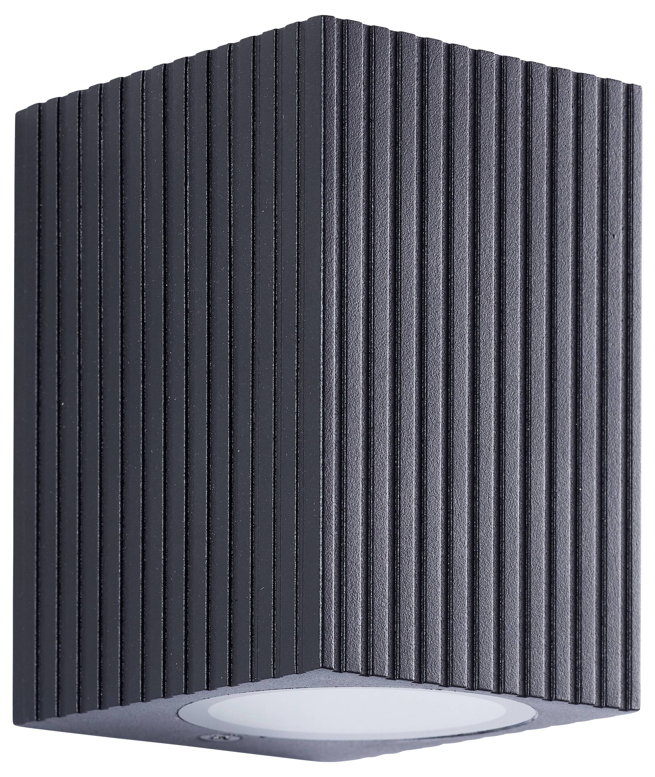 Schwarze gerippte Wandleuchte mit gebogenem oberen Teil und ovalem Licht am unteren Ende auf weißem Hintergrund.