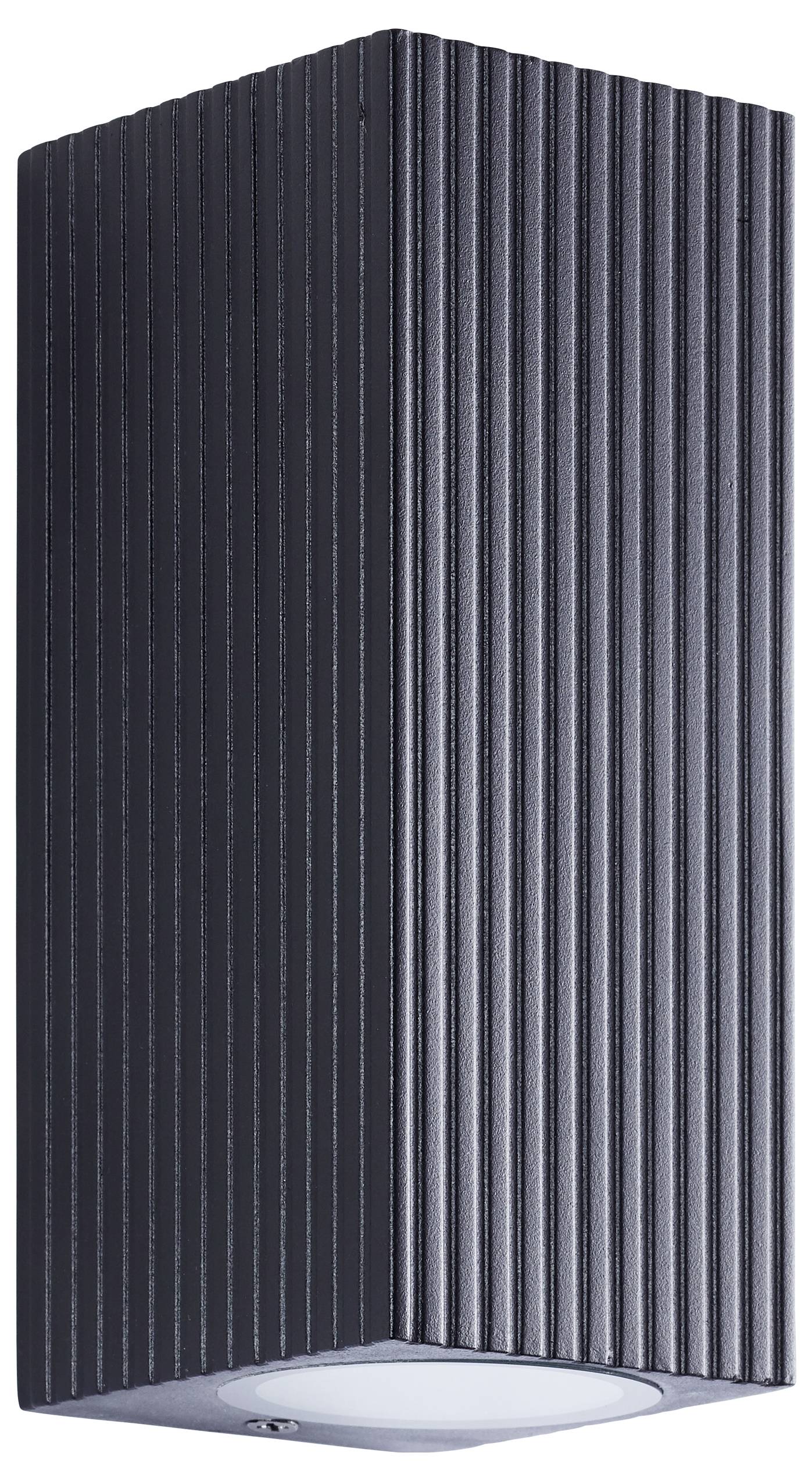 Schwarze gerippte zylindrische Wandleuchte mit mattiertem Linseneinsatz unten.