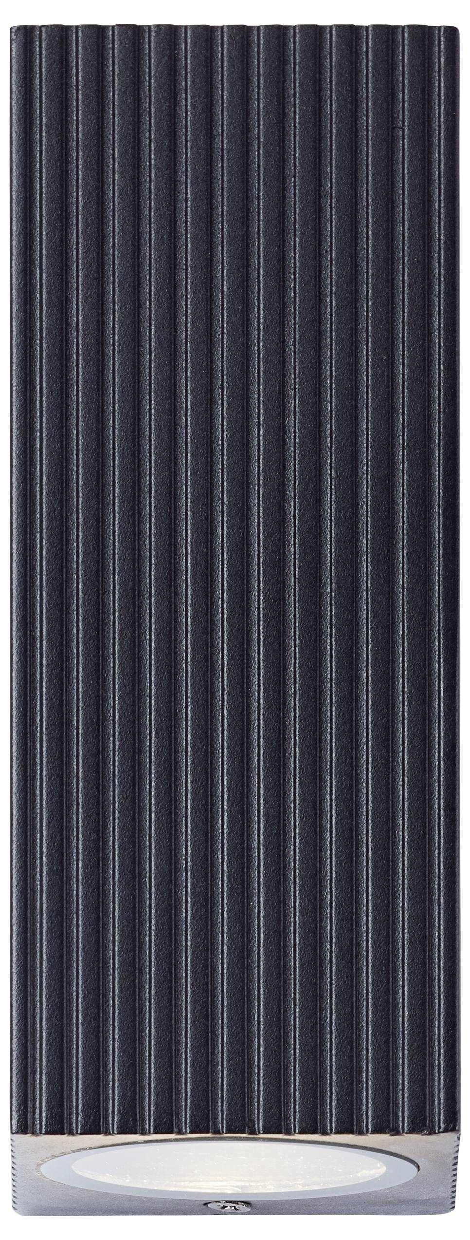Hohe schwarze gerippte rechteckige Wandleuchte mit silberner Basis und mattierter ovaler Öffnung unten.
