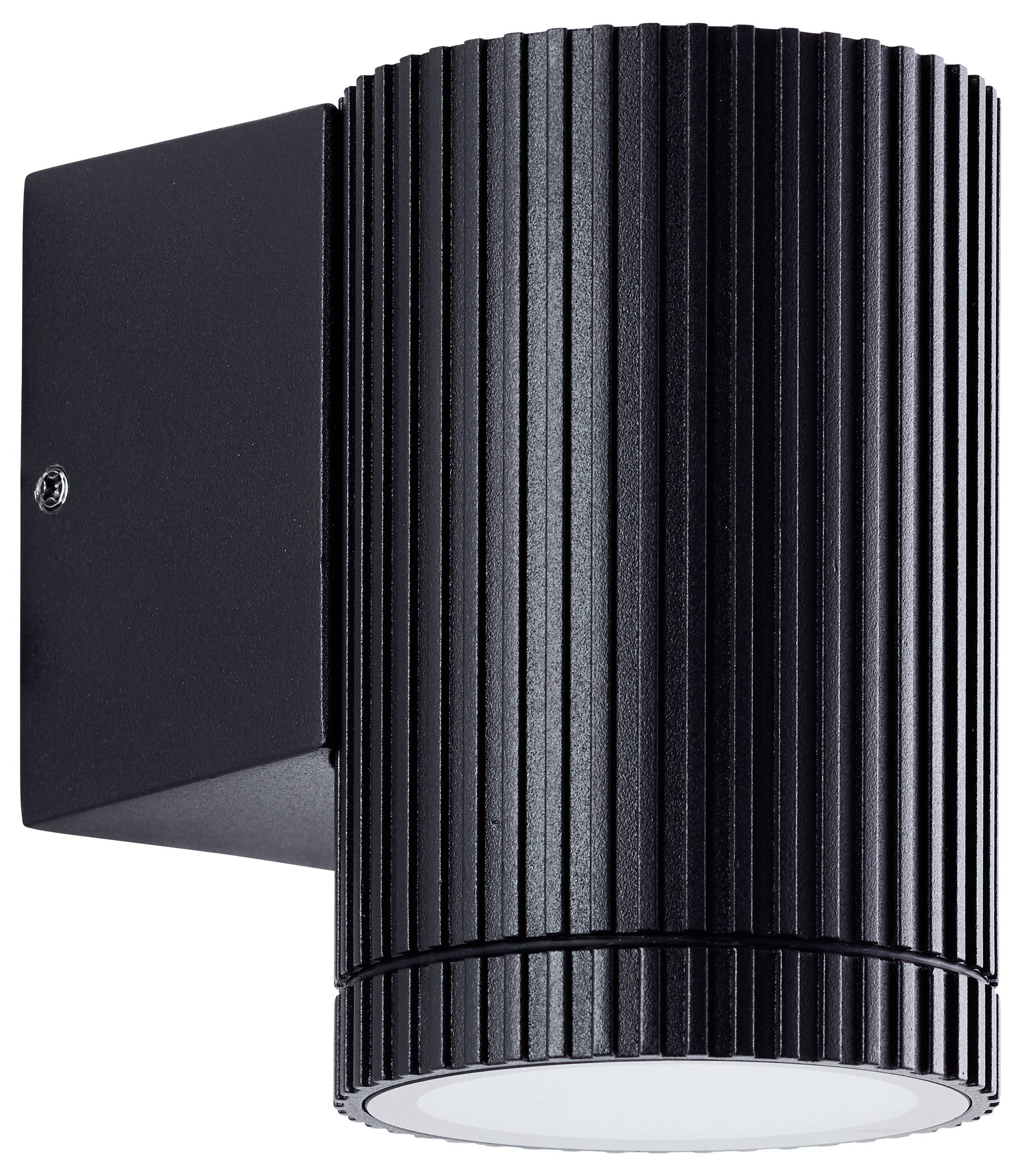 Schwarze zylindrische an der Wand montierte Leuchte mit gerippter Oberfläche und rundem Diffusor, vor weißem Hintergrund dargestellt.