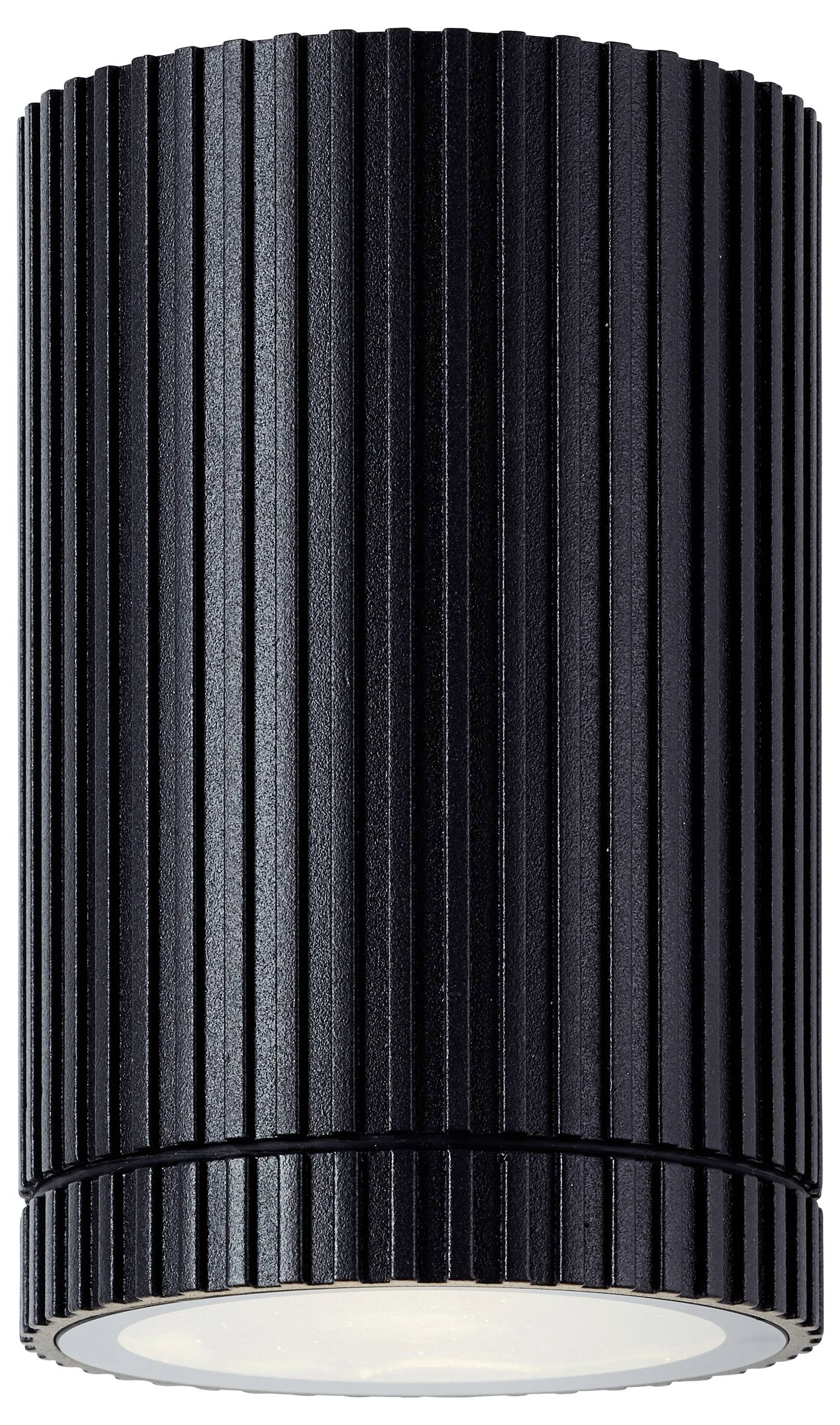 Schwarze gerippte zylindrische Deckenleuchte mit mattiertem Diffusor darunter