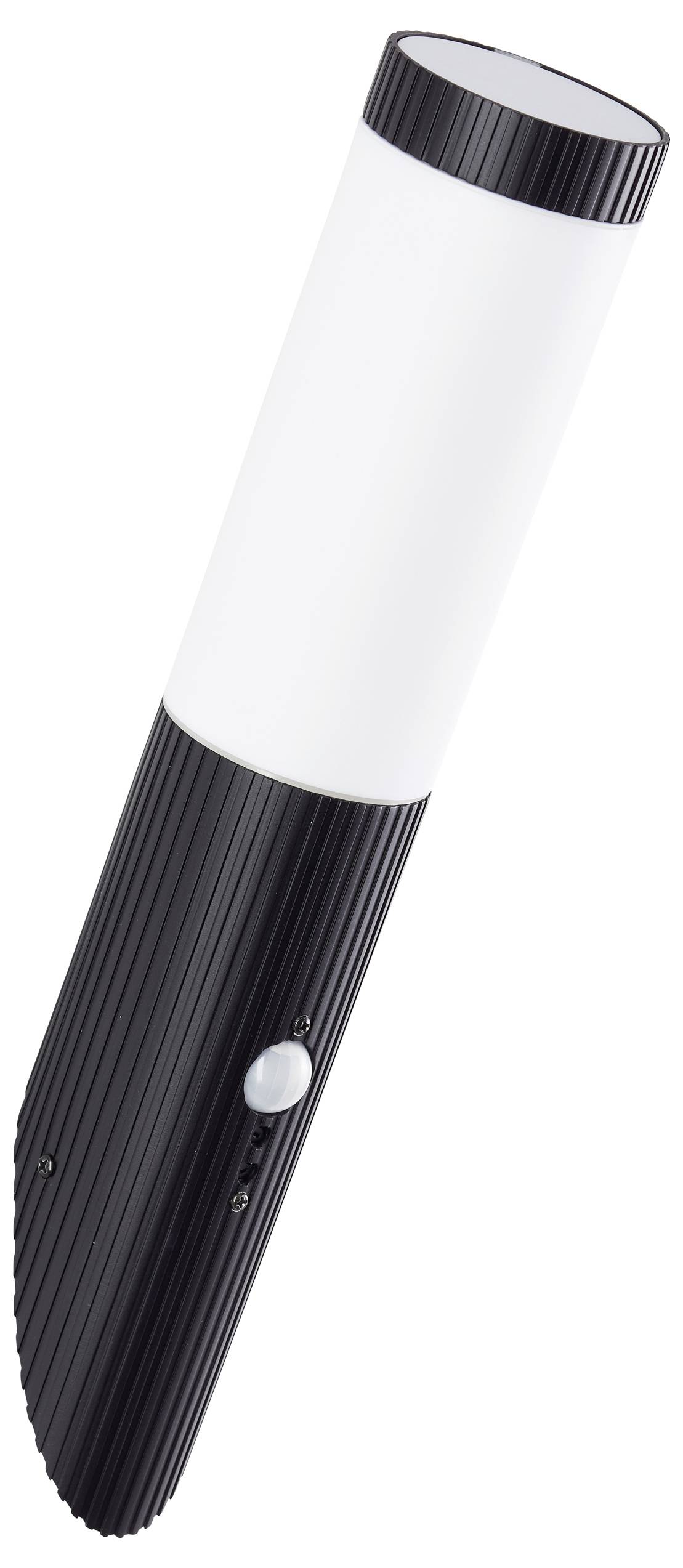 Eine schwarzweiße tragbare Taschenlampe oder Stiftlampe, diagonal auf einem einfachen weißen Hintergrund gezeigt.