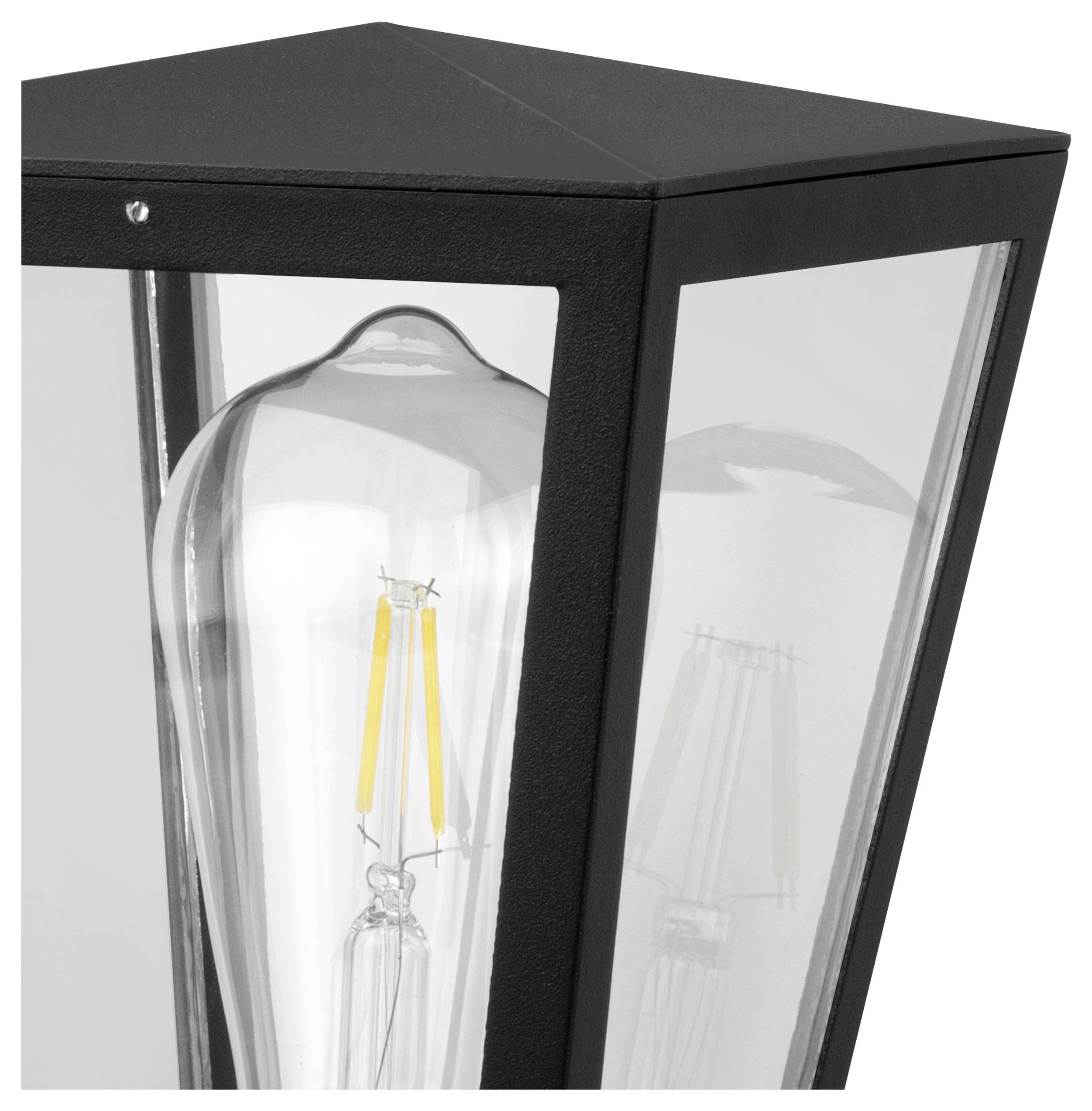 Schwarze Außenlaterne mit transparentem Glasgehäuse und sichtbarem dekorativem Edison-Stil-Glühbirne im Inneren.