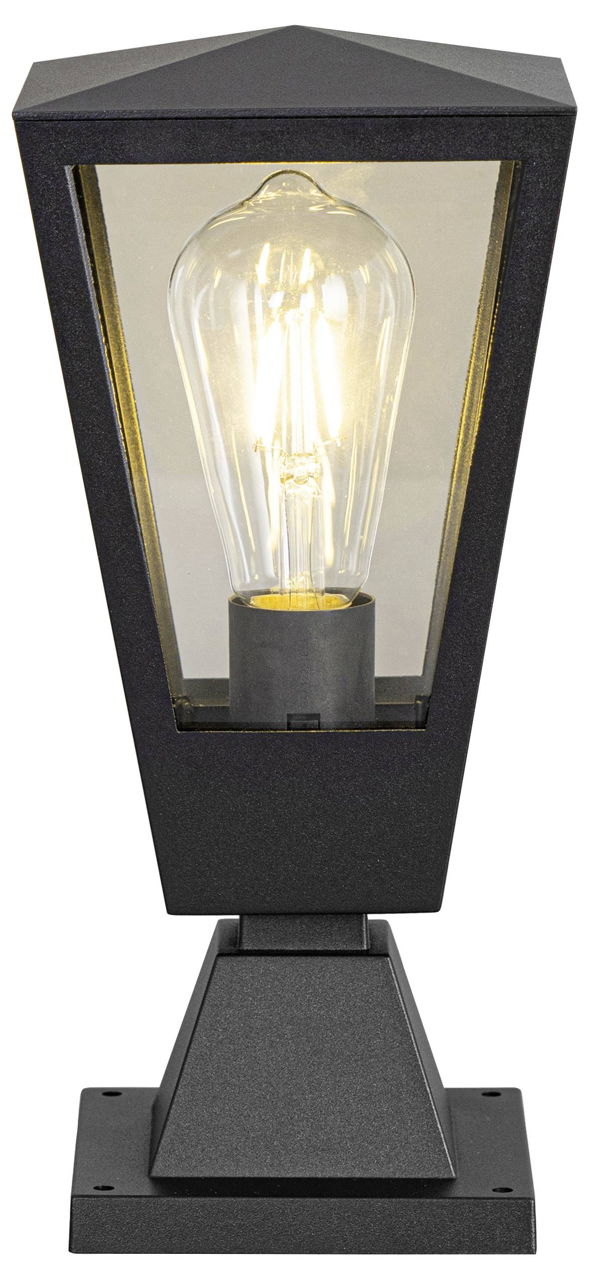 Schwarze Außenlaterne mit Pfahlleuchte und transparentem Vintage-Stil-Glühfaden in Frontansicht auf quadratischer Basis.