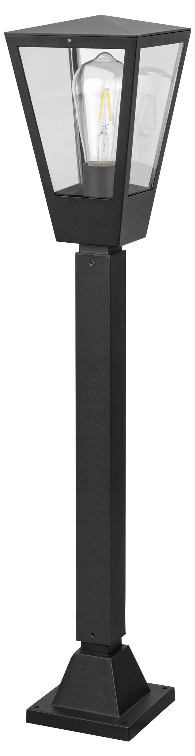 Schwarzte Außenleuchte mit quadratischem Laternen-Design und sichtbarem Leuchtmittel auf hohem Ständerfuß.