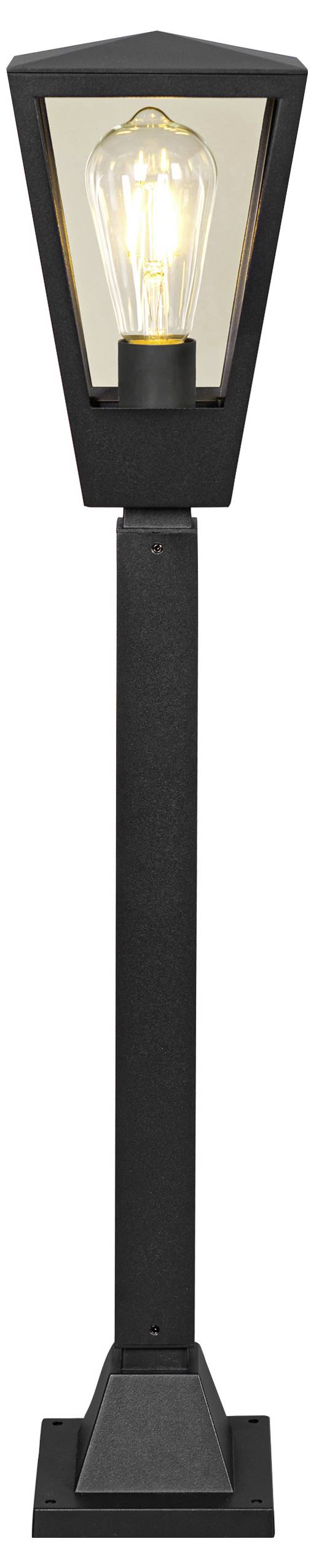 Schwarze Außenleuchte mit hohem quadratischem Sockel und Laternenstil-Oberteil, mit sichtbarer leuchtender Glühbirne.