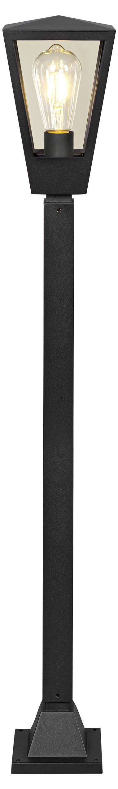 Ein schwarzes Außenpfahllicht mit Laternenstil-Oberteil und sichtbarem leuchtender Glühbirne, isoliert auf weißem Hintergrund gezeigt.