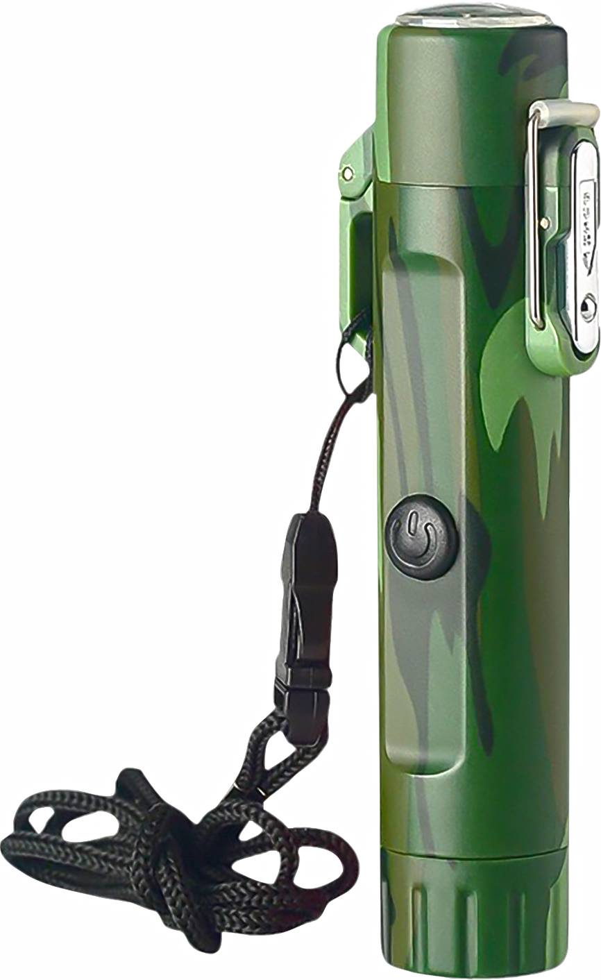 Grüne zylindrische Taschenlampe mit schwarzem Handgelenkband, dargestellt auf einem einfachen weißen Hintergrund.