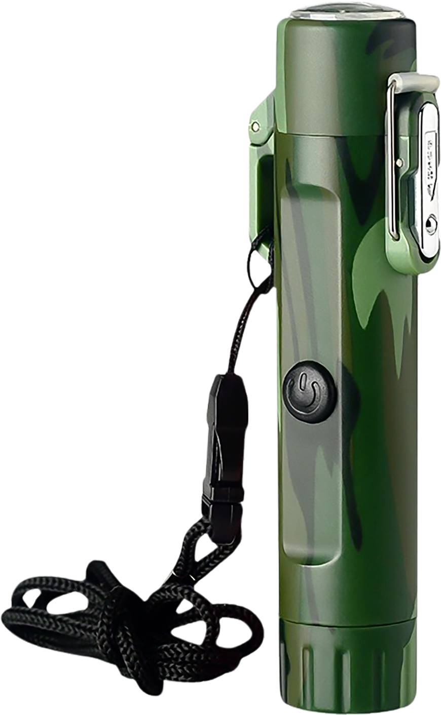 Grüne Taschenlampe mit seitlich angebrachtem Clip und schwarzem Tragband, aufrecht auf weißem Hintergrund stehend.