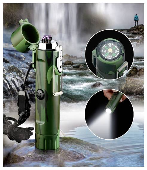 Grüne taktische Taschenlampe mit Kompass und Handschlaufe, gezeigt bei einem Wasserfall mit Nahaufnahmen der Kompassoberseite und des hellen Lichtstrahls.