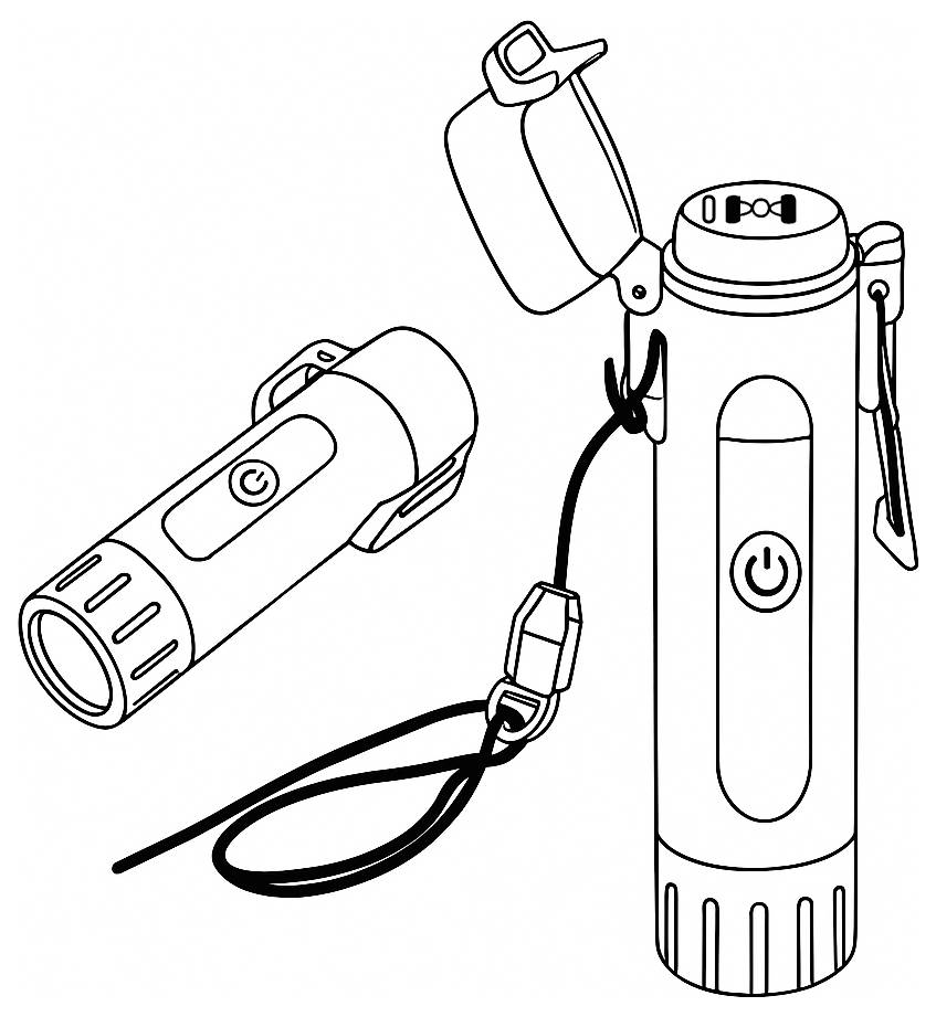 Strichzeichnung einer zylindrischen Taschenlampe mit Handgelenkschlaufe und geöffneter Kappe, dargestellt neben einer separaten kleineren Taschenlampenkomponente oder einem Zubehörteil.