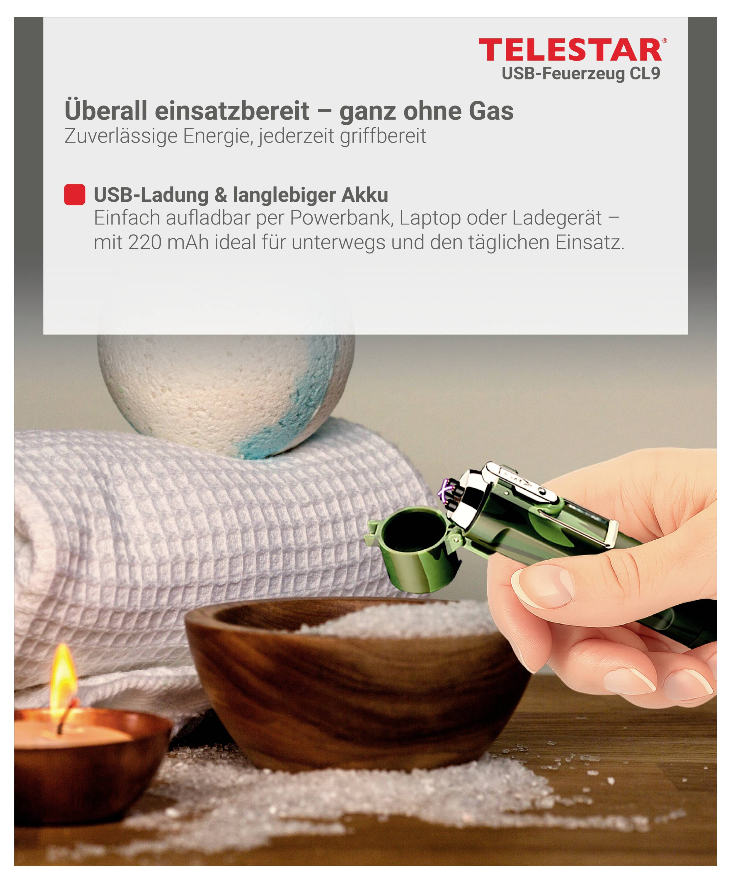 TELSTAR USB-Feuerzeug zum Aufladen, das eine Kerze neben einer Holzschale mit kleiner Flamme anzündet, mit deutschem Werbetext zur gasfreien Nutzung und langlebiger Batterie.