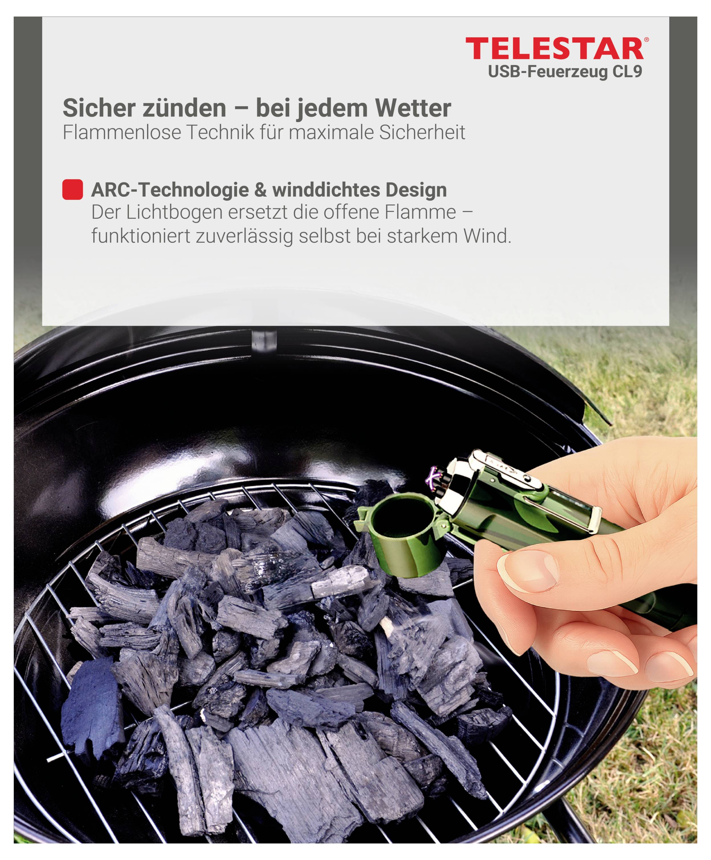 # TELESTAR USB-Feuerzeug**Sicher zünden – bei jedem Wetter**[Zeigt eine Hand, die Holzkohle auf einem Grill mit einem flammenfreien Lichtbogenzünder entzündet]
