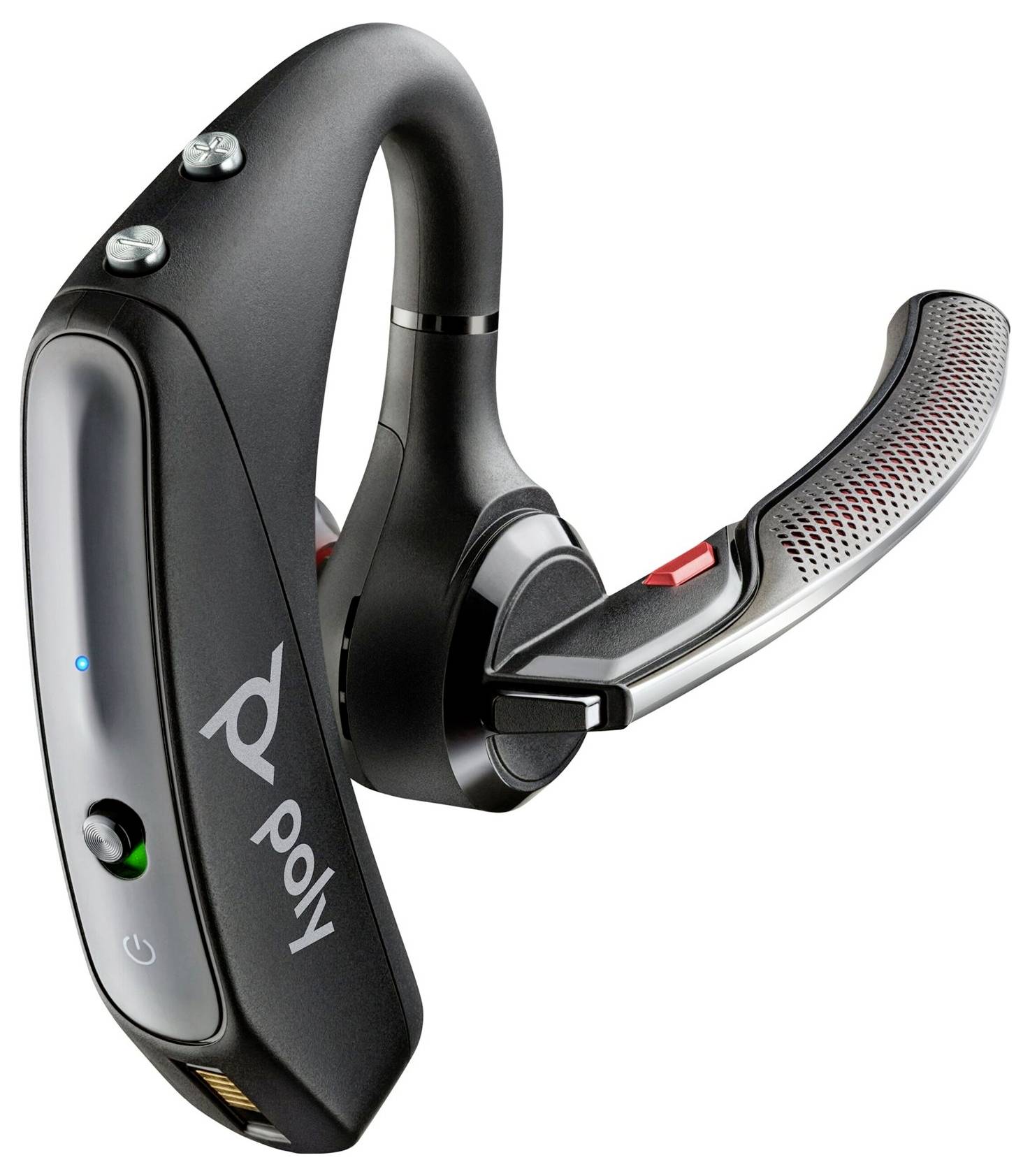 Schwarzes Poly Voyager Bluetooth-Headset mit Over-Ear-Bügel, Seitentasten und silbernem Boom-Mikrofon.