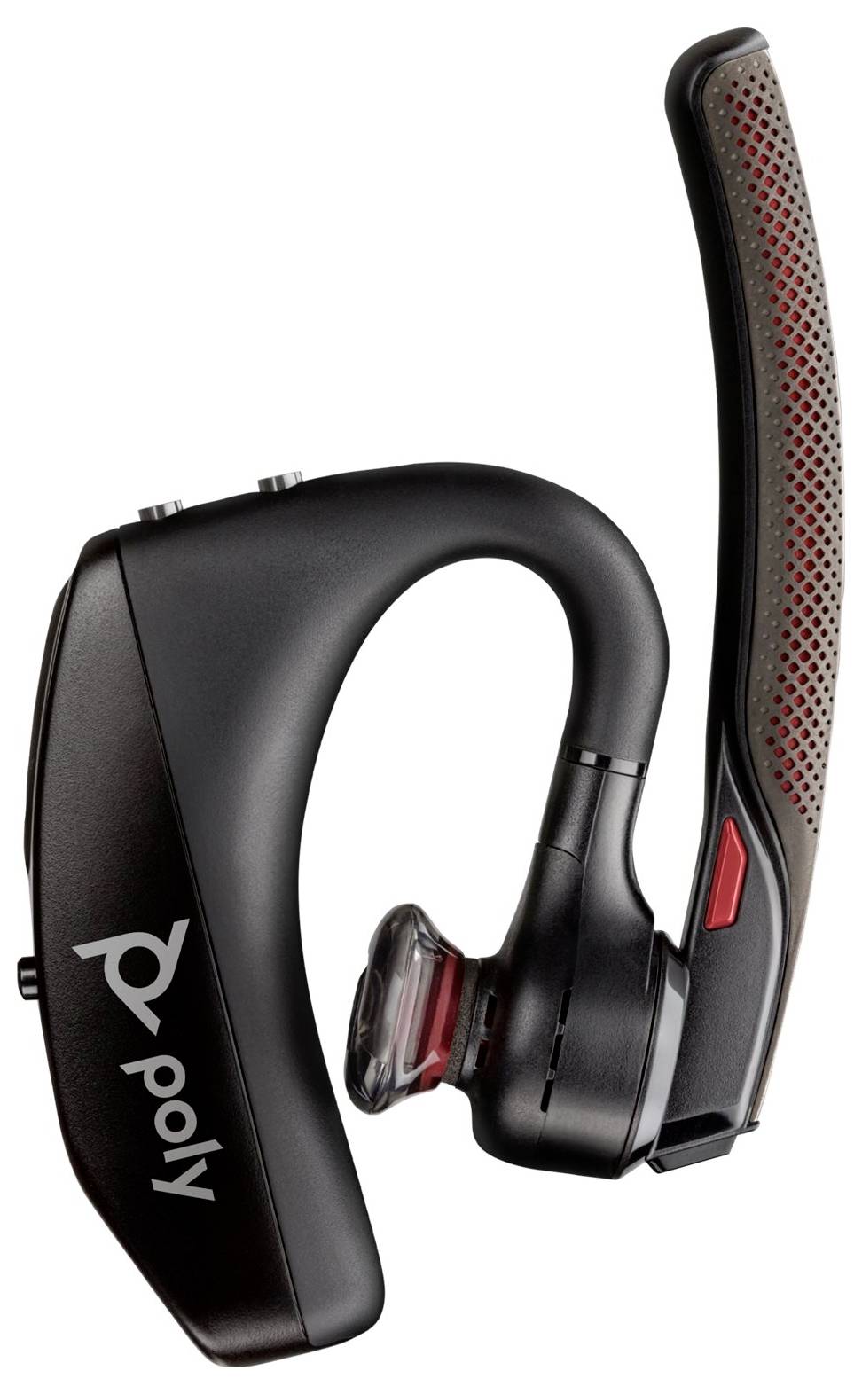 Schwarzes Poly Over-Ear-Wireless-Headset mit Boom-Mikrofon und roten Akzenten, gezeigt auf weißem Hintergrund.