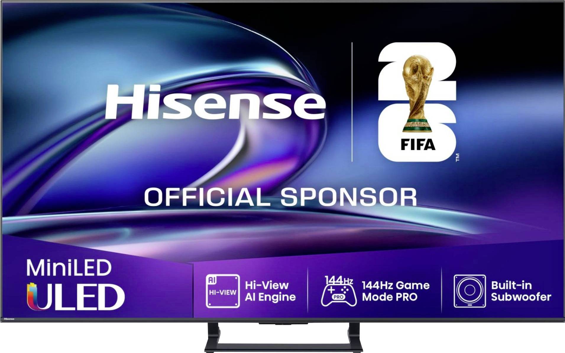 Hisense offizieller Sponsor-Werbespot mit FIFA-Weltpokal-Logo, das MiniLED ULED TV-Funktionen bewirbt: Hi-View AI Engine, 144Hz Game Mode Pro und eingebauter Subwoofer.