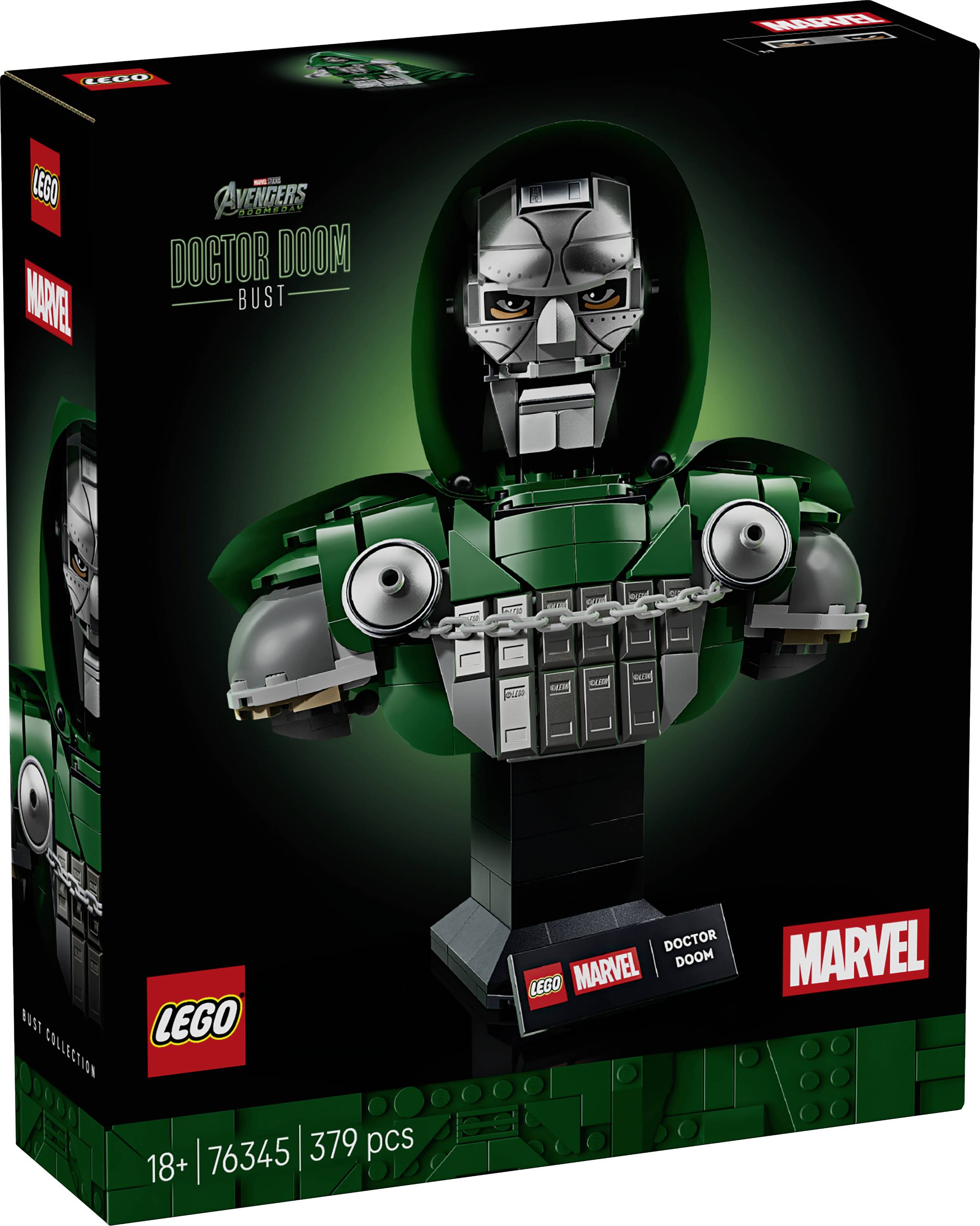 LEGO Marvel Avengers Doctor Doom Büste Set-Box, zeigt eine grün-silberne Büste von Doctor Doom; gekennzeichnet mit 18+, 76345, 379 Teile.