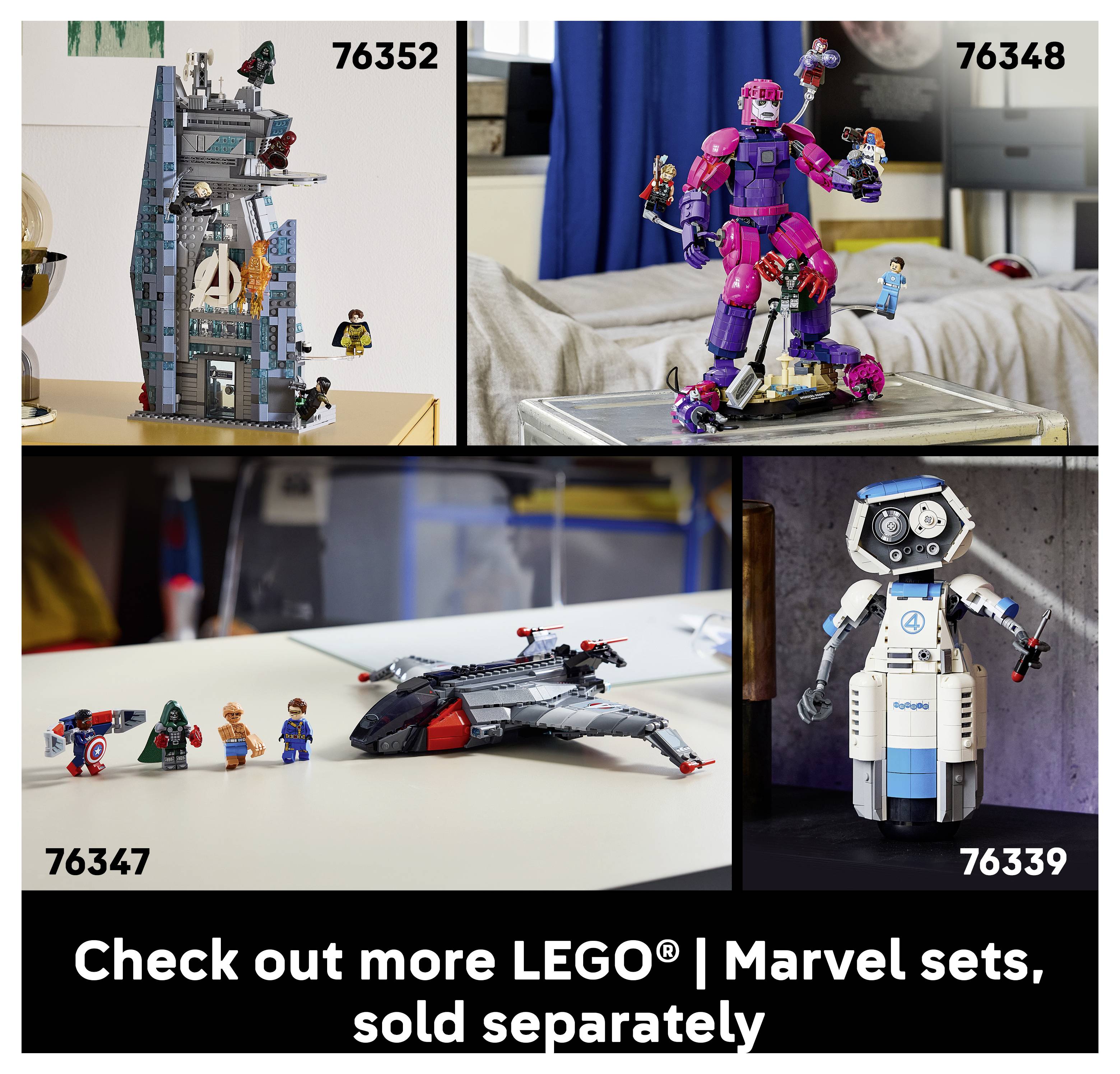 Werbekollage von vier LEGO Marvel Sets mit den Nummern 76352, 76348, 76347 und 76339, plus Text „Entdecke weitere LEGO Marvel Sets, separat erhältlich