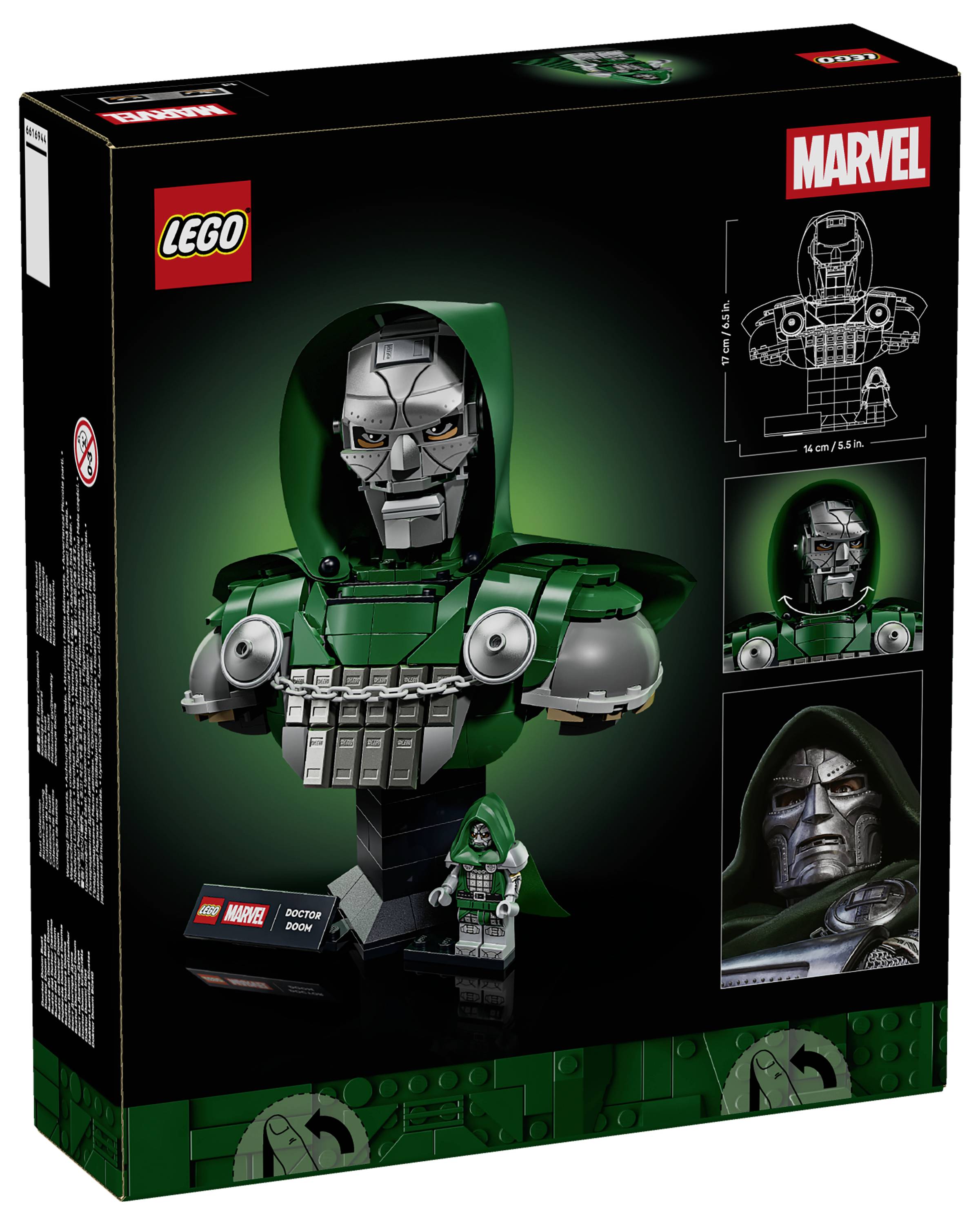 LEGO Marvel Doctor Doom Set-Box mit einer grünhaubigen Doom-Büste, einer Minifigur und Seitenbildern mit Bauidetails.