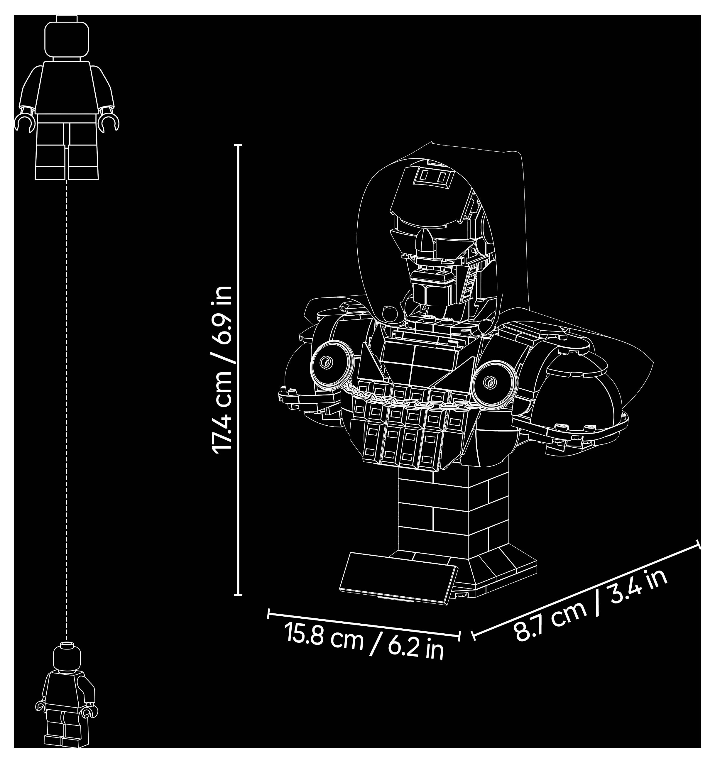 Lego-ähnliche Roboter-Büste Dimensionsdiagramm mit Vorder- und Seitenansicht, beschriftet 17,4 cm Höhe, 15,8 cm Breite und 8,7 cm Tiefe.