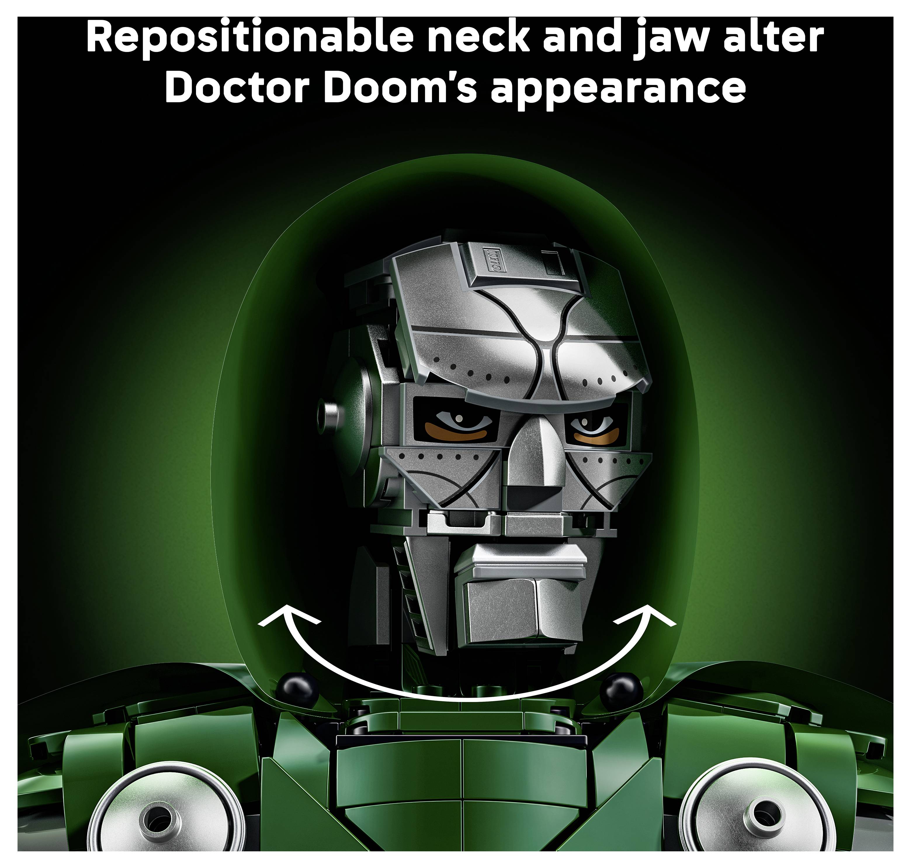 LEGO Doktor Doom Figur mit verstellbarem Nacken und Kiefer, mit Pfeilen, die bewegliche Teile anzeigen.