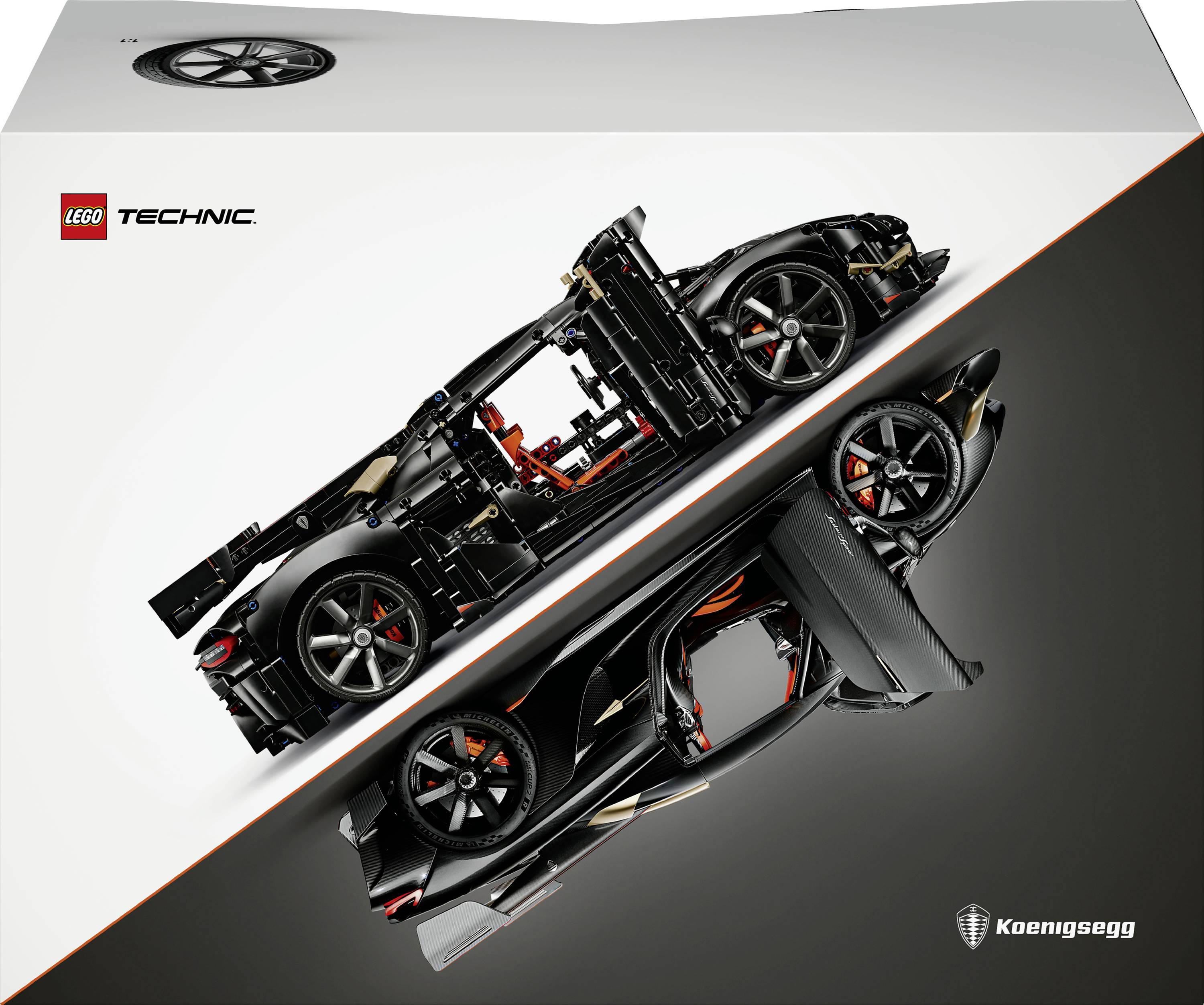 LEGO Technic Koenigsegg Autosatz-Schachteln zeigen einen schwarzen Sportwagen in zwei angewinkelten Ansichten, von denen eine das Chassis und das Innere offenbart.