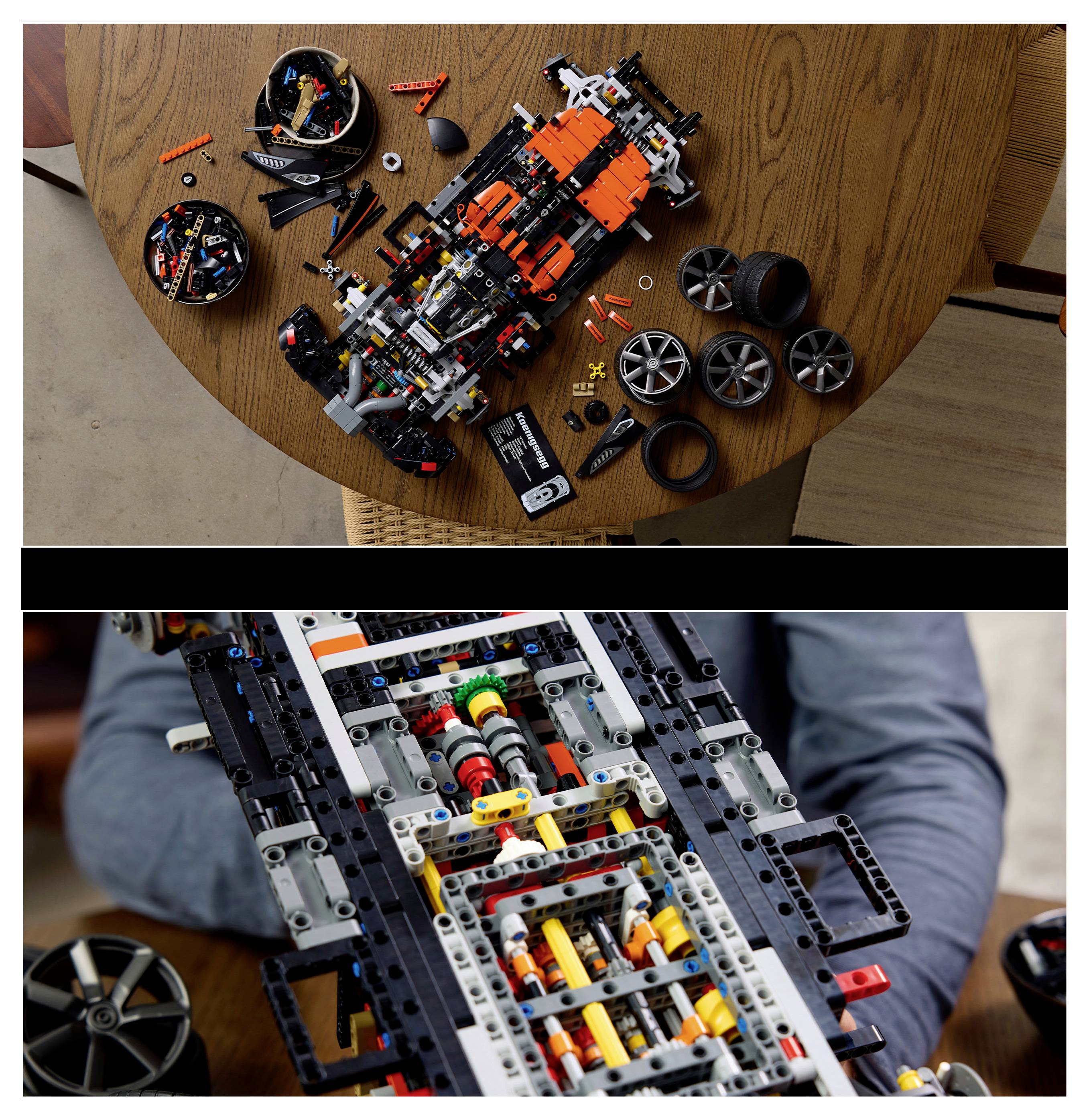 Zwei Ansichten eines LEGO Technic Automodells: oben zeigt sich das teilweise montierte Fahrgestell und lose Räder auf einem Tisch; unten zeigt eine Nahaufnahme des gerade gebauten Antriebsstrangs.