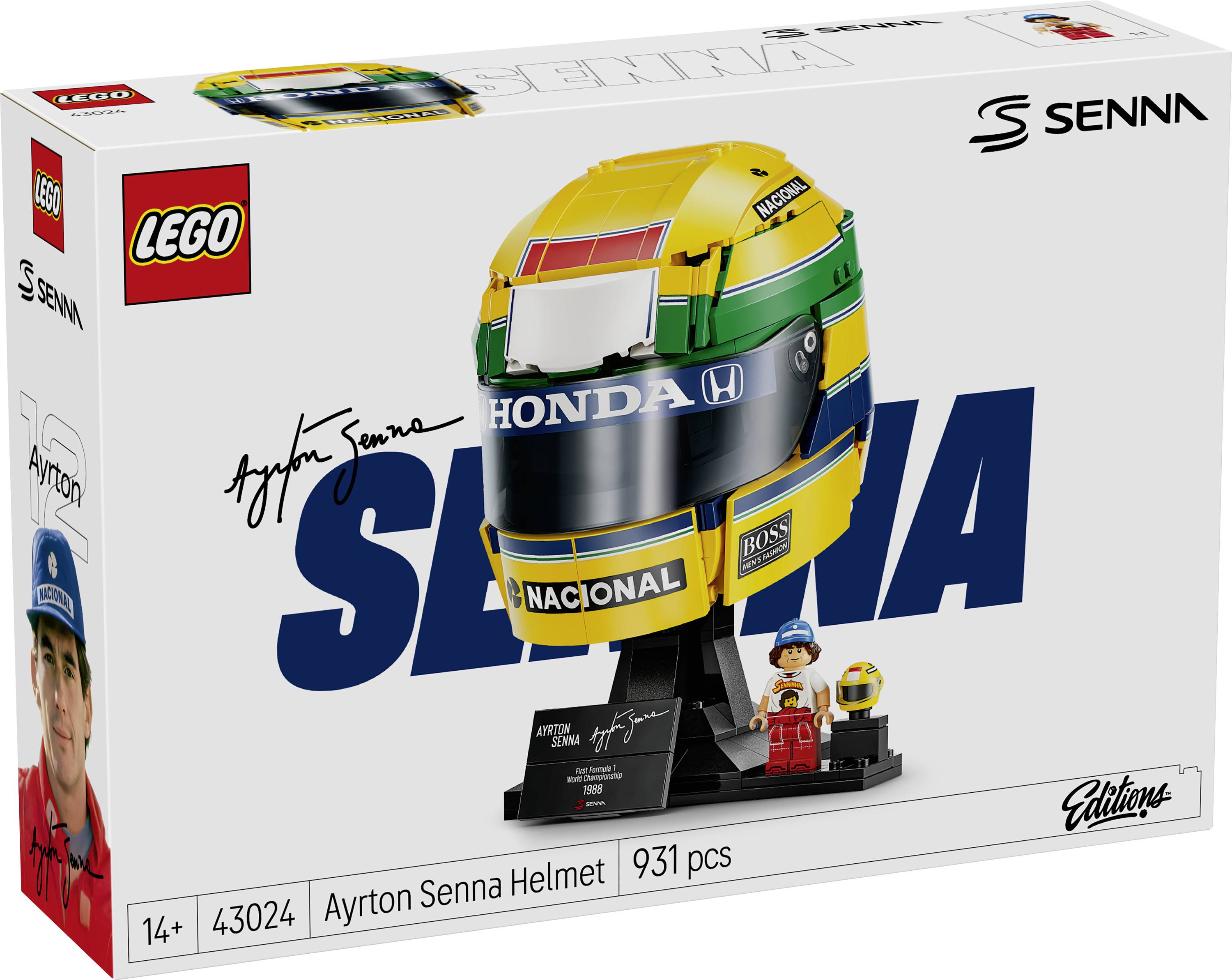 LEGO Icons Ayrton Senna Helm Modellset-Karton, zeigt einen gelb-grünen Honda-Rennhelm auf einem Ständer mit Minifiguren und 