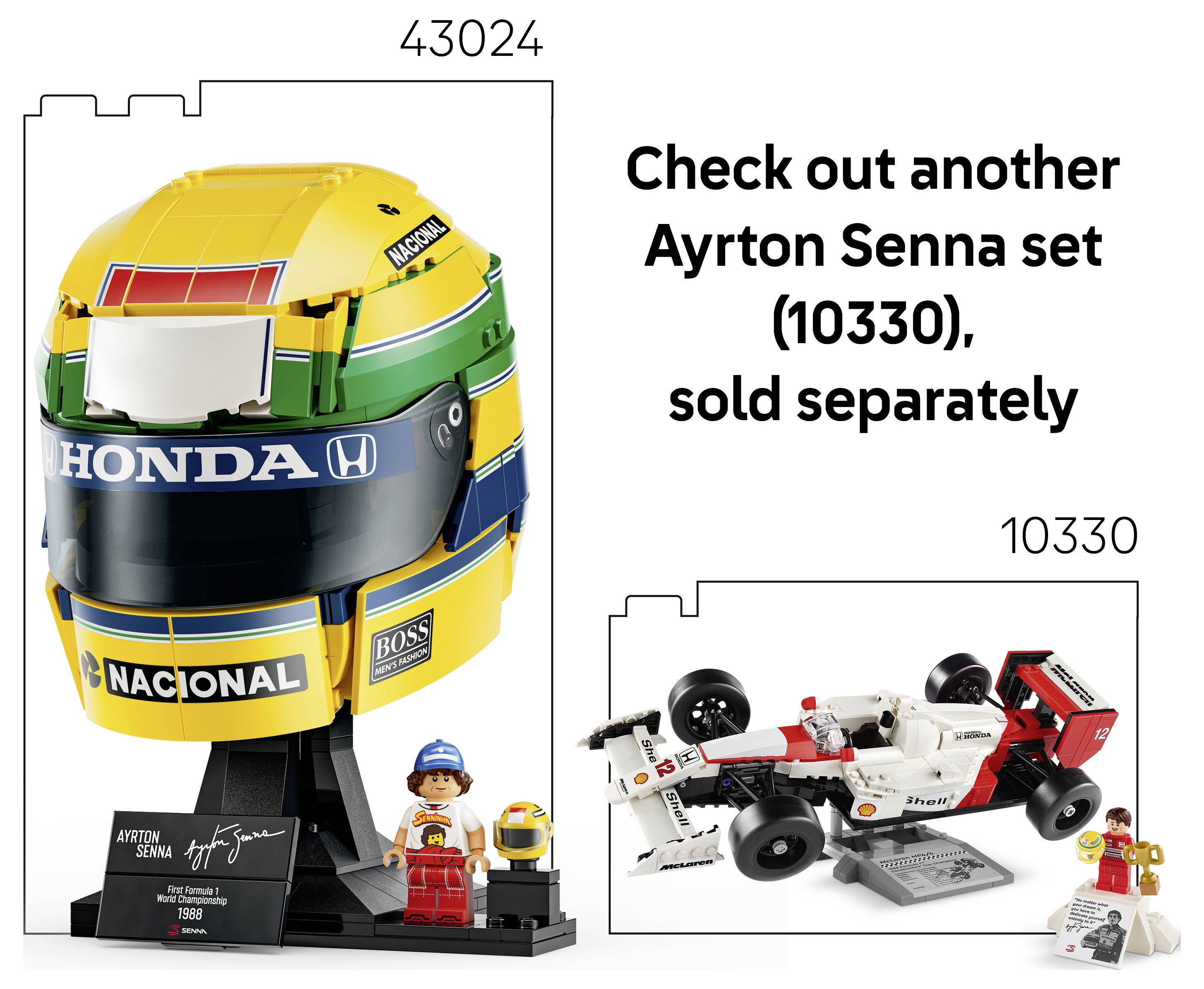 Werbegrafik, die ein LEGO Ayrton Senna Helm-Set 43024 mit Minifigur zeigt, plus ein kleineres Inset „Schau dir ein anderes Ayrton Senna Set an (10330), separat erhältlich