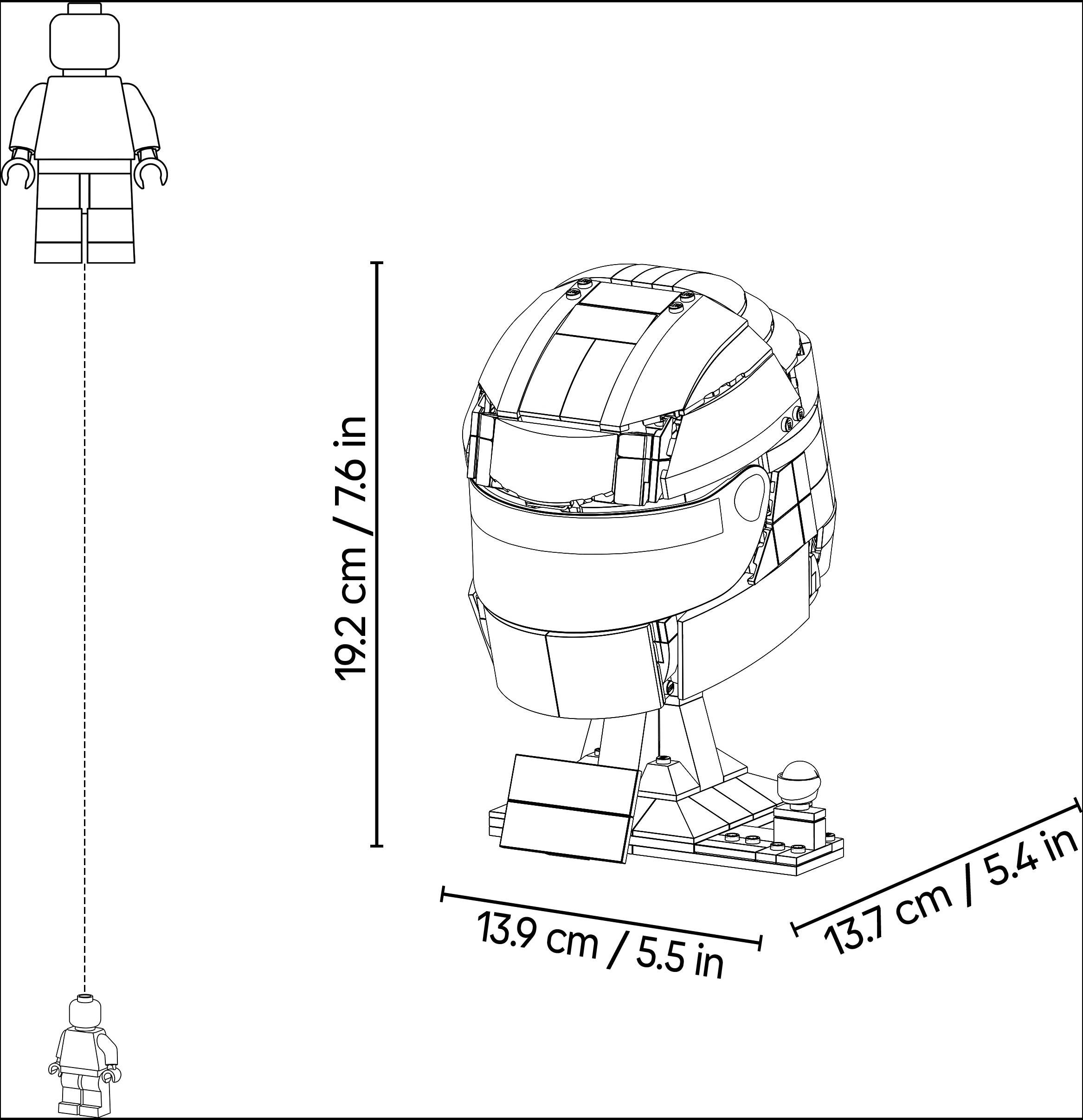 Technische Zeichnung eines Anzeigemodells für einen Helm im LEGO-Stil mit Abmessungen: 19,2 cm (7,6 Zoll) Höhe, 13,9 cm (5,5 Zoll) Breite und 13,7 cm (5,4 Zoll) Tiefe.