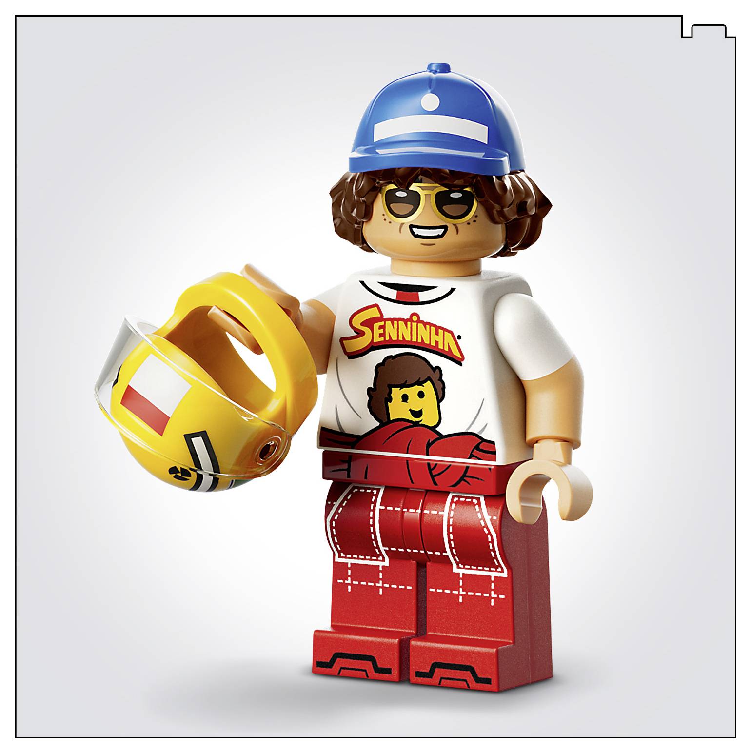Eine LEGO-ähnliche Minifigur, die einen blauen Helm, eine Sonnenbrille und ein 