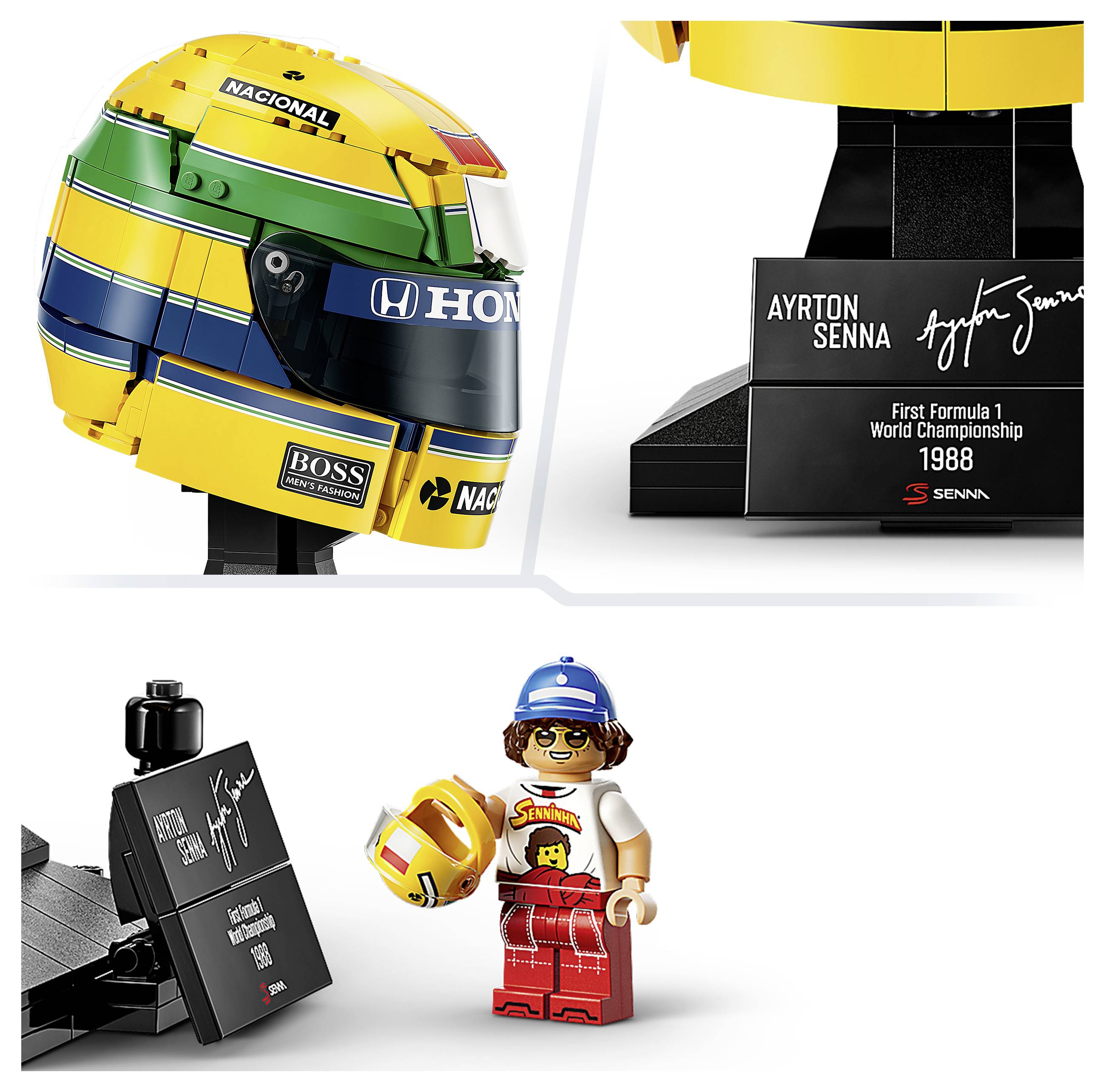 LEGO Senna Tribute Set mit einem gelb-grünen Rennhelm, einer Plakette mit „Ayrton Senna