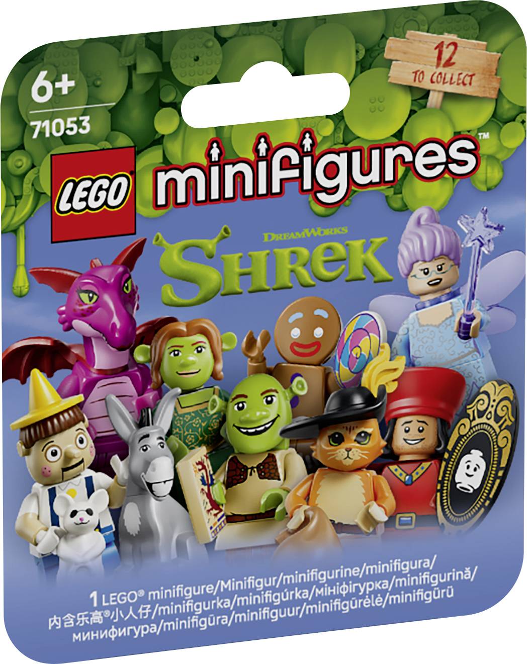 LEGO Minifiguren Shrek Überraschungsbeutel, ab 6 Jahren, mit mehreren Shrek-Charakter-Minifiguren und Text „12 zum Sammeln