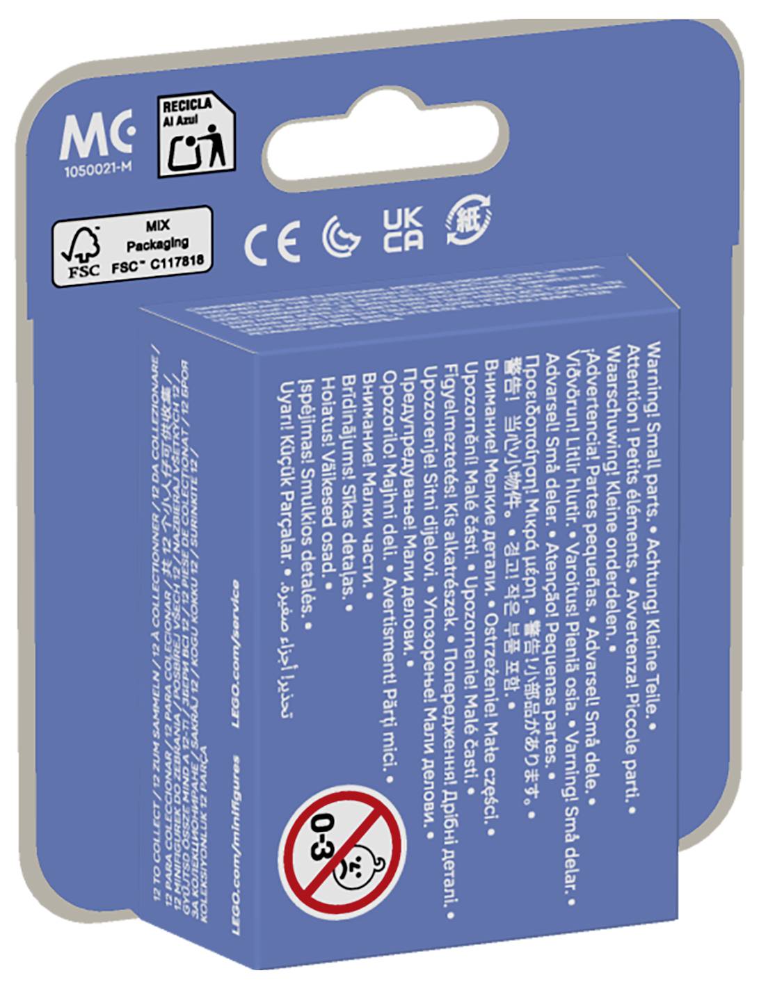 Blaue Produktverpackungsbox gezeigt von hinten und von der Seite, bedeckt mit mehrsprachigen Warn- und Recycling-Etiketten, Zertifizierungsmarken und einem 