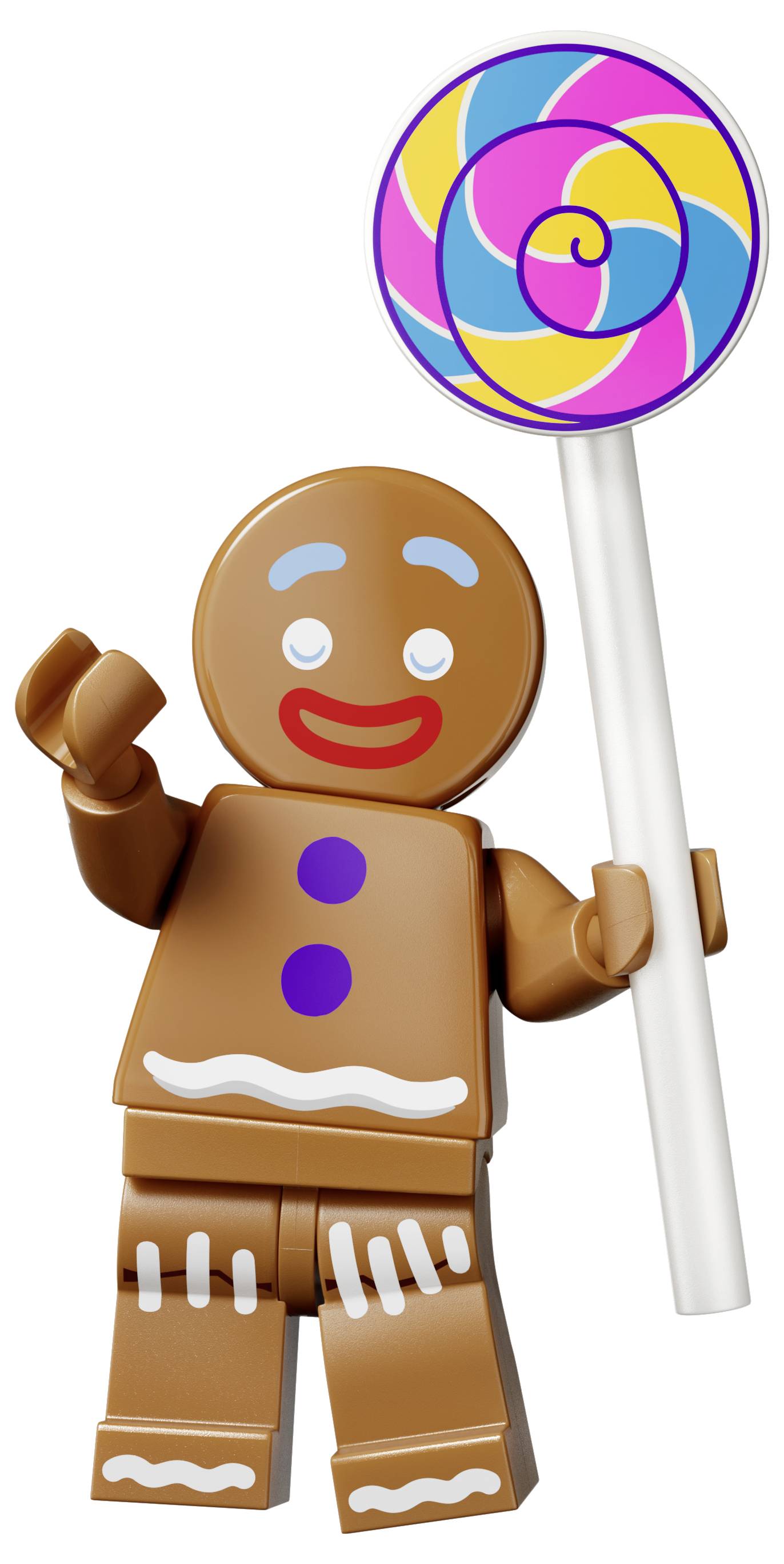 Lebkuchenfigur, die einen bunten Spirallollipop hält, mit einer winkendem Hand und lachendem Gesicht auf weißem Hintergrund.